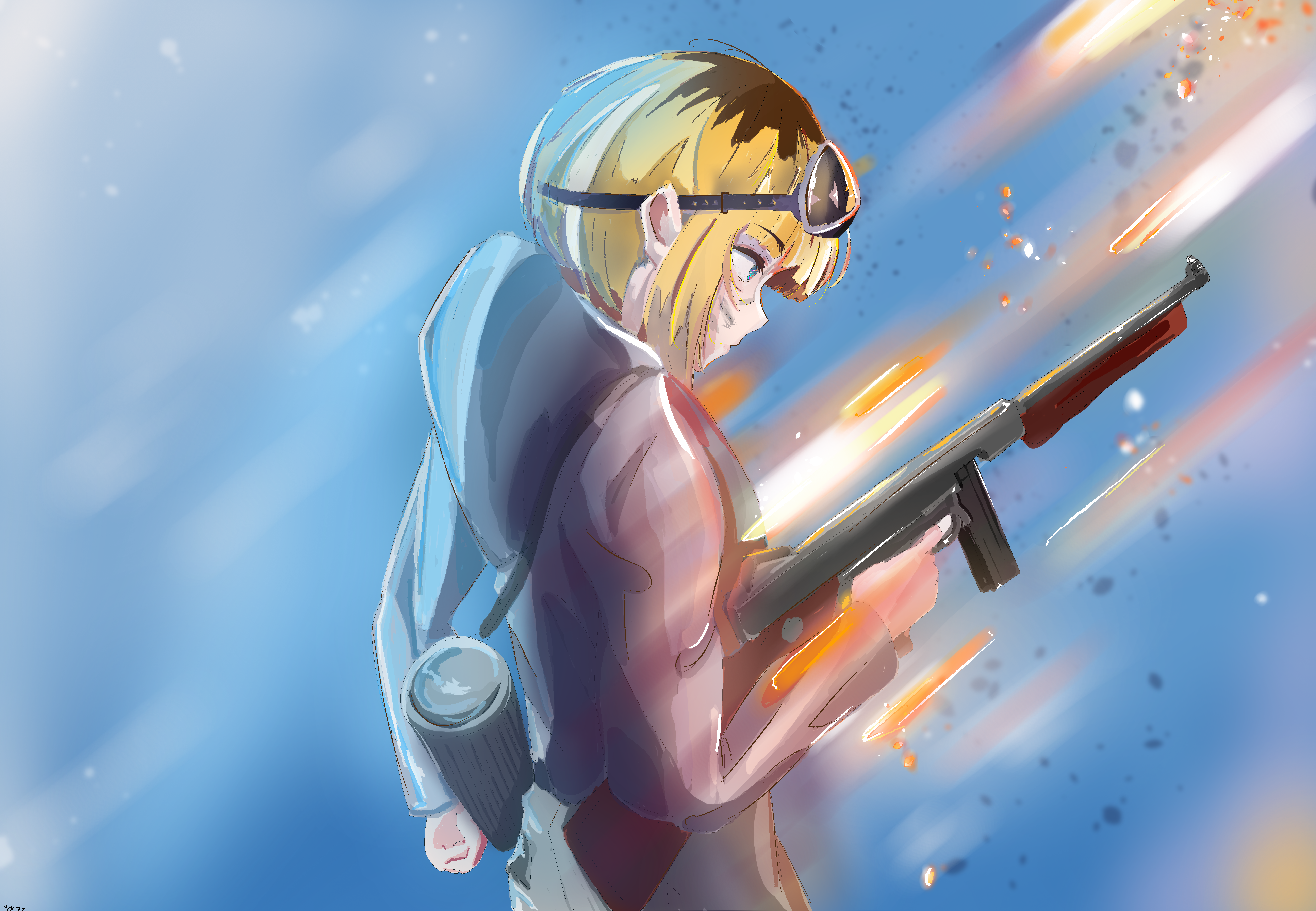 oshi no ko, absurdres, highres, non-web source, 1girl, battle, battlefield, blonde hair, blue eyes, clenched hands, closed mouth, fighting stance, gun, holding, holding gun, holding weapon, jacket, long sleeves, memcho, ready to draw, rifle, serious, short hair, simple background, smile, solo, standing, weapon