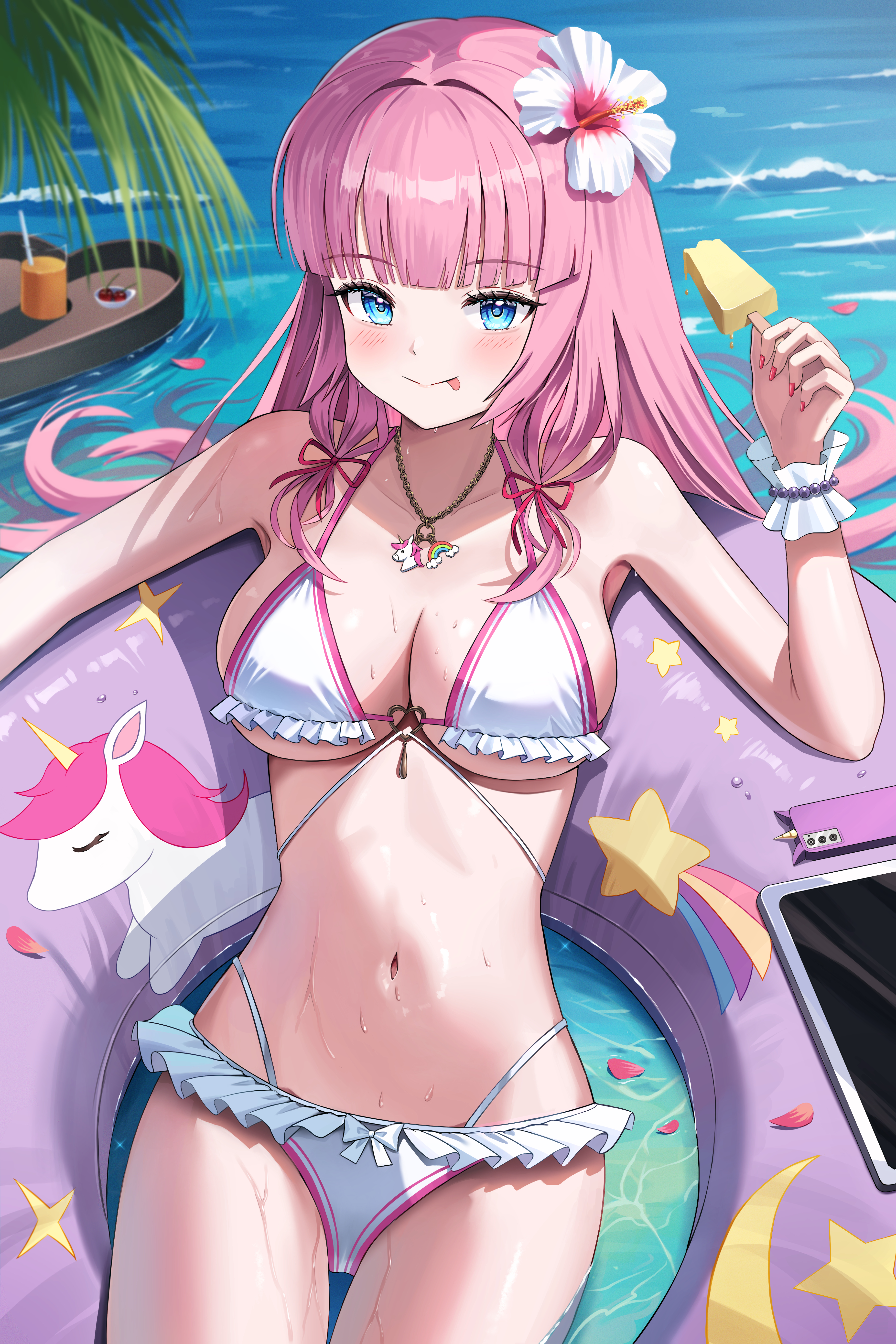 junma art, original, absurdres, commentary, highres, mixed-language commentary, 1girl, :p, armpits, bare shoulders, bikini, blue eyes, breasts, cellphone, cleavage, closed mouth, flower, food, frilled bikini, frills, hair flower, hair ornament, halterneck, hand up, heart, heart o-ring, holding, holding food, holding popsicle, innertube, ipad, jewelry, large breasts, long hair, looking at viewer, navel, necklace, o-ring, phone, pink hair, popsicle, smartphone, smile, solo, stomach, string bikini, swim ring, swimsuit, tablet pc, tongue, tongue out, very long hair, water, wet, white bikini