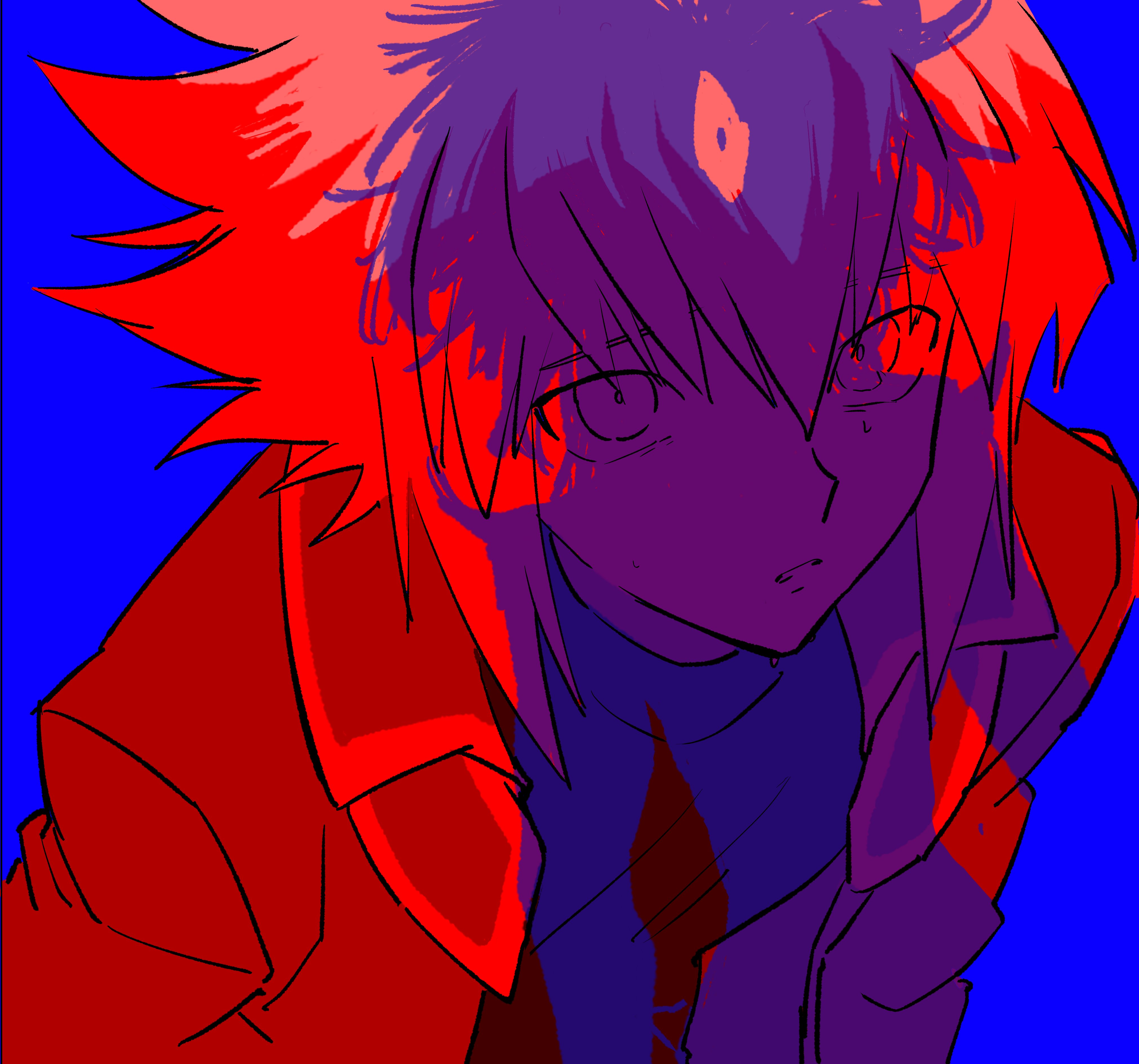 yubel, yuki judai, yu-gi-oh!, yu-gi-oh! gx, absurdres, highres, 1boy, blue background, collared jacket, dual persona, duel academy uniform (yu-gi-oh! gx), eyed silhouette, jacket, messy hair, red theme, shirt, silhouette, spiked hair, third eye, wadochan11