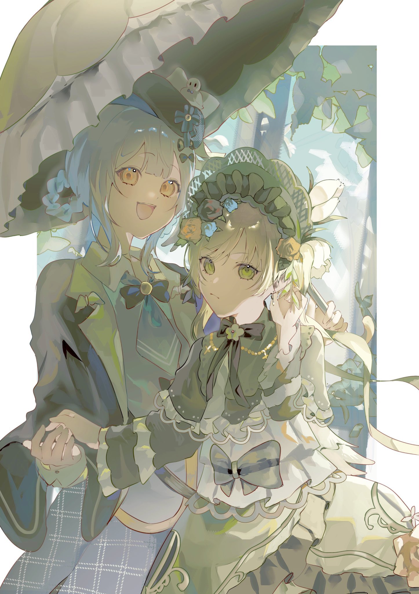 tachibana sherry, toono hanna, mahou shoujo no majo saiban, highres, 2girls, :d, black capelet, black hat, blonde hair, blue hair, blue necktie, bonnet, border, braid, braided hair rings, capelet, cowboy shot, dress, earrings, flower, frilled capelet, frilled dress, frilled sleeves, frills, green capelet, green dress, green eyes, hair flower, hair ornament, hair rings, hand up, hat, holding, holding umbrella, jewelry, lolita fashion, long hair, long sleeves, looking at viewer, magical girl, multiple girls, neck ribbon, necktie, neyama, open mouth, outdoors, outside border, parasol, ribbon, rose, smile, standing, tree, umbrella, white border, yellow eyes, yellow flower, yellow rose