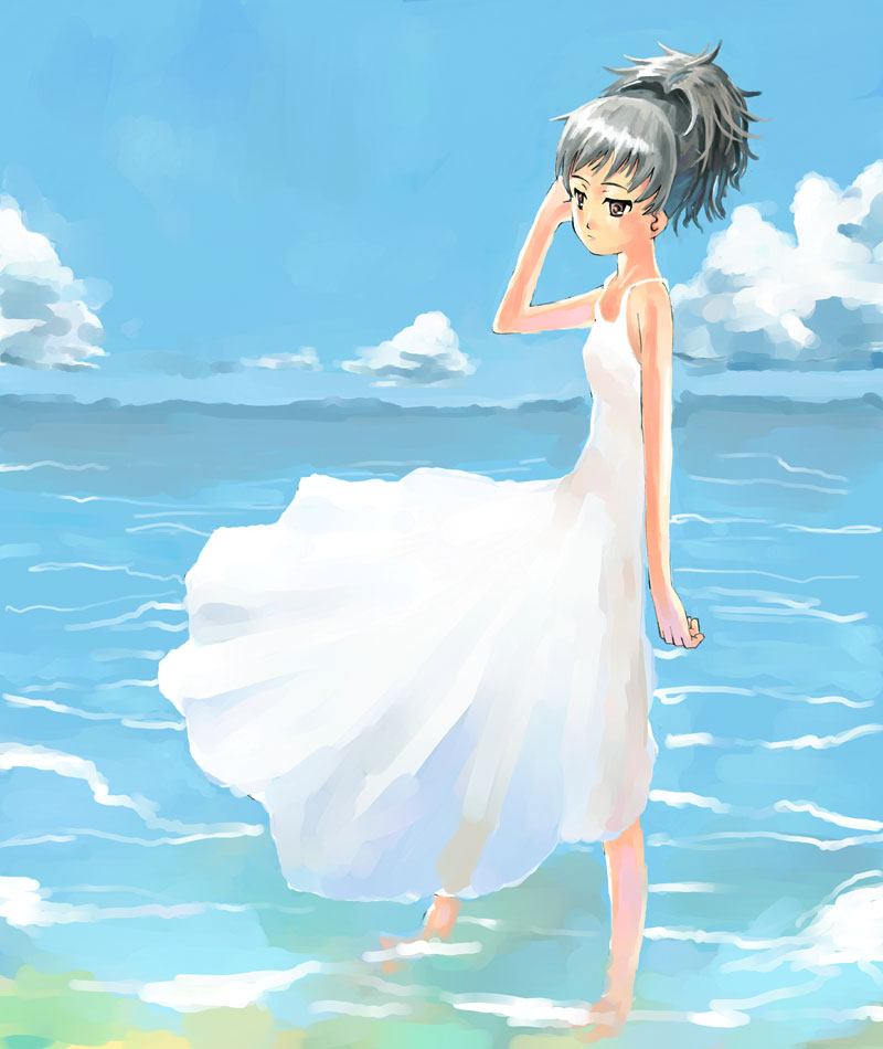 yamamoto shima, yin (darker than black), darker than black, silver hair, 00s, dress, long hair, ocean, ponytail, purple eyes, sundress, water