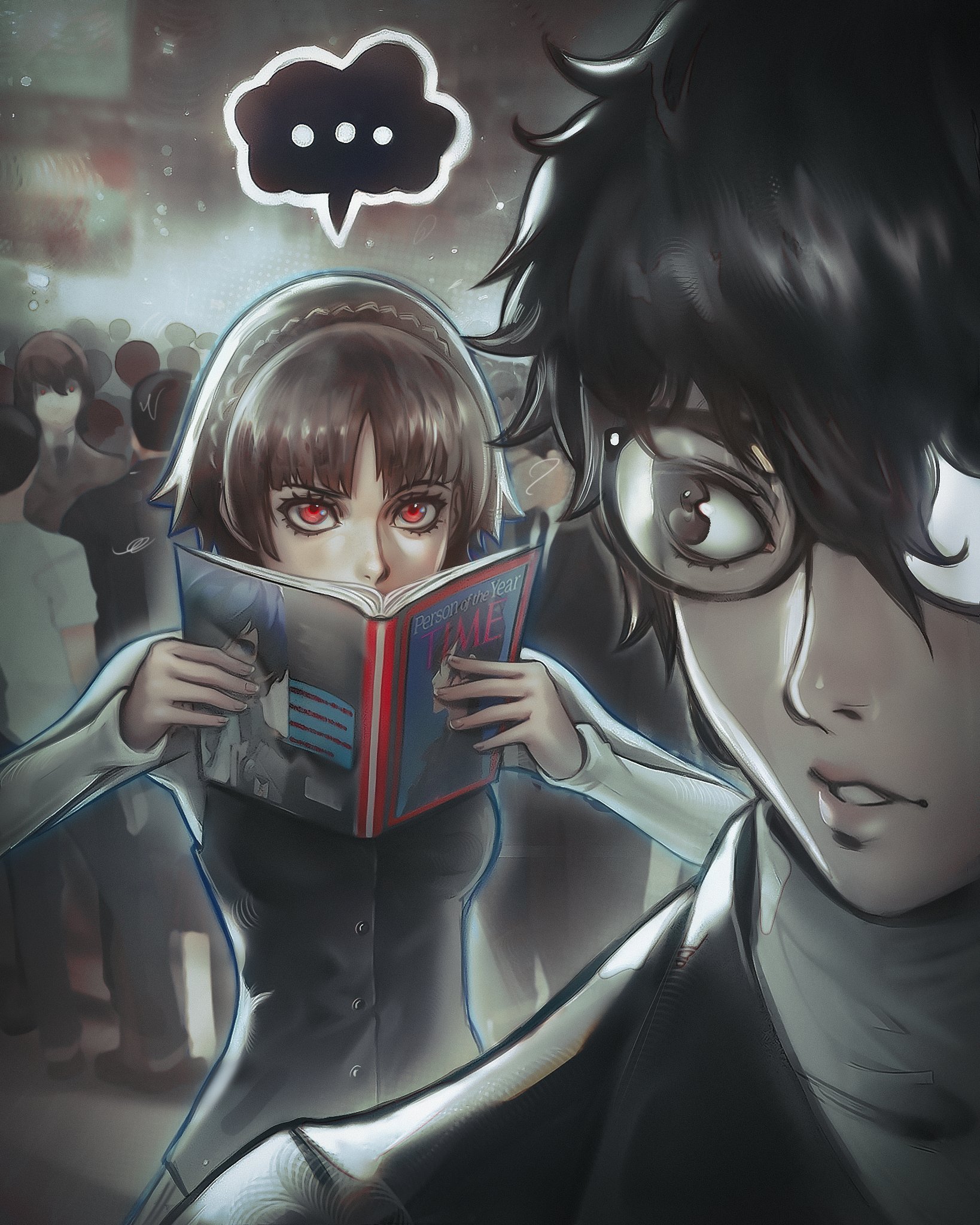 chapinor, akechi gorou, amamiya ren, niijima makoto, persona, persona 5, highres, 1boy, 1girl, black eyes, black hair, black jacket, black vest, book, braid, brown hair, crowd, crown braid, holding, holding book, jacket, long sleeves, looking at another, looking back, outdoors, red eyes, school uniform, shuujin academy school uniform, speech bubble, stalking, vest