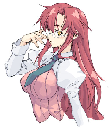 satou atsuki, yoko littner, yomako, tengen toppa gurren lagann, lowres, 00s, 1girl, adjusting eyewear, aged up, alternate hairstyle, female focus, glasses, hair down, long hair, necktie, red hair, solo, teacher, yellow eyes