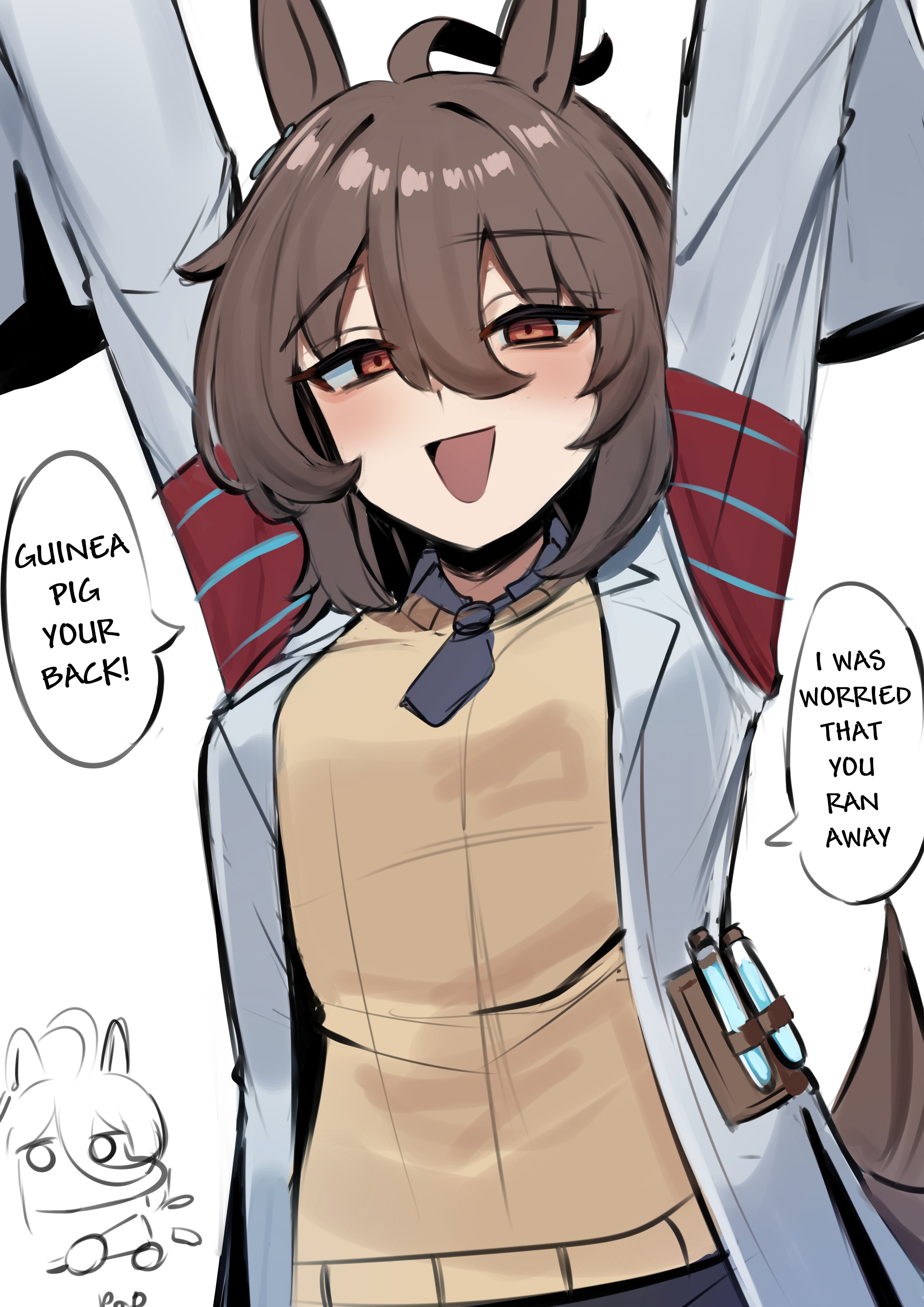 iog626, agnes tachyon (umamusume), manhattan cafe (umamusume), umamusume, absurdres, highres, 2girls, ahoge, animal ears, black necktie, black pantyhose, black shirt, blush, breasts, collared shirt, cork, hair between eyes, horse ears, horse girl, horse tail, long sleeves, medium breasts, multiple girls, necktie, open mouth, pantyhose, red eyes, shirt, short necktie, simple background, sleeves past fingers, sleeves past wrists, smile, solo focus, speech bubble, sweater, tail, test tube, white background, yellow sweater