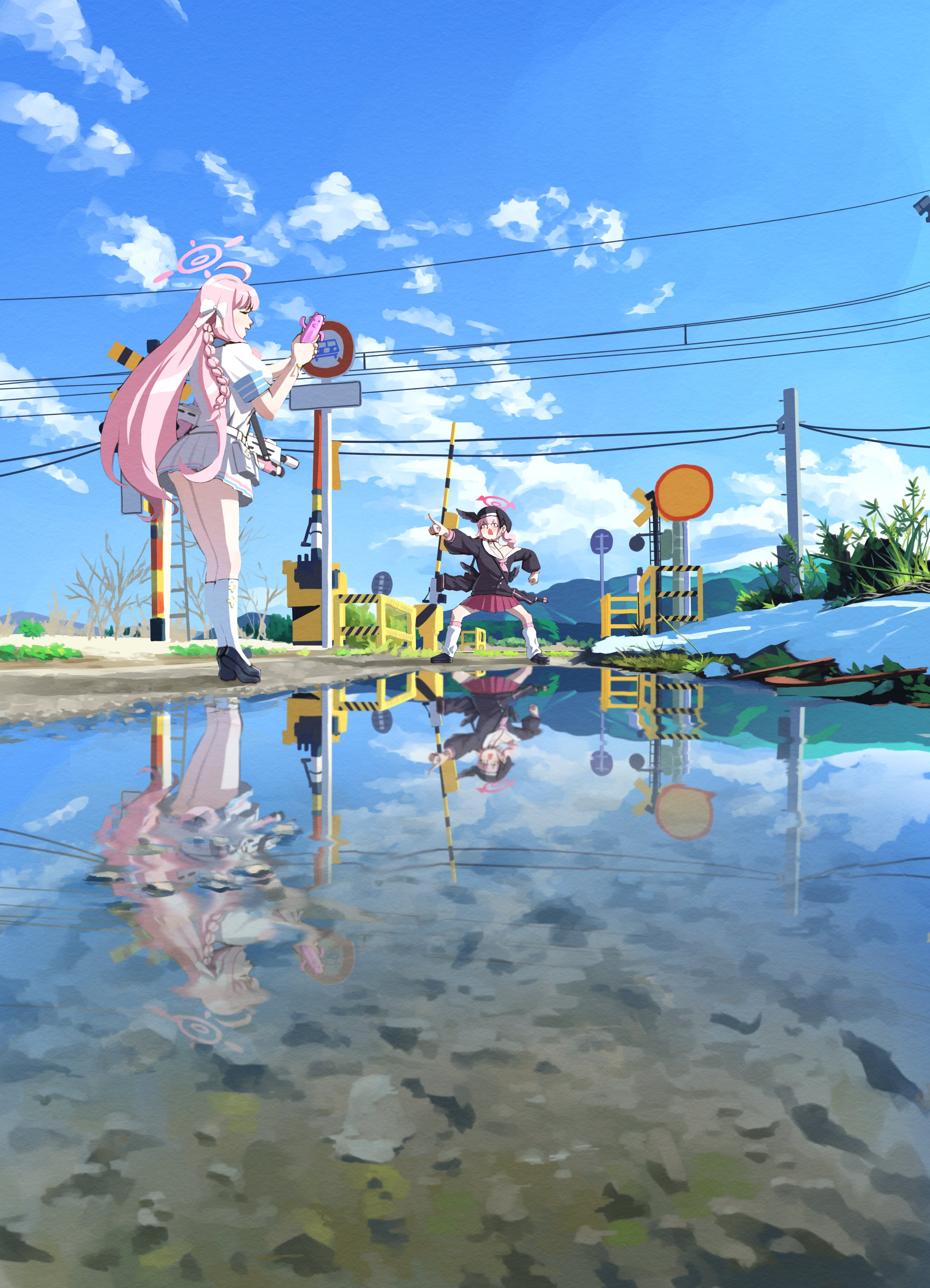 cyansapphire, hanako (blue archive), koharu (blue archive), blue archive, absurdres, highres, <|> <|>, ahoge, black wings, blue sky, blush, bow, breasts, cloud, cloudy sky, day, green eyes, hair bow, halo, haniwa (statue), head wings, long hair, outdoors, pink hair, pink halo, pointing, power lines, puddle, reflection, reflective water, road sign, scenery, shirt, sign, sky, stop sign, twintails, white shirt, wings