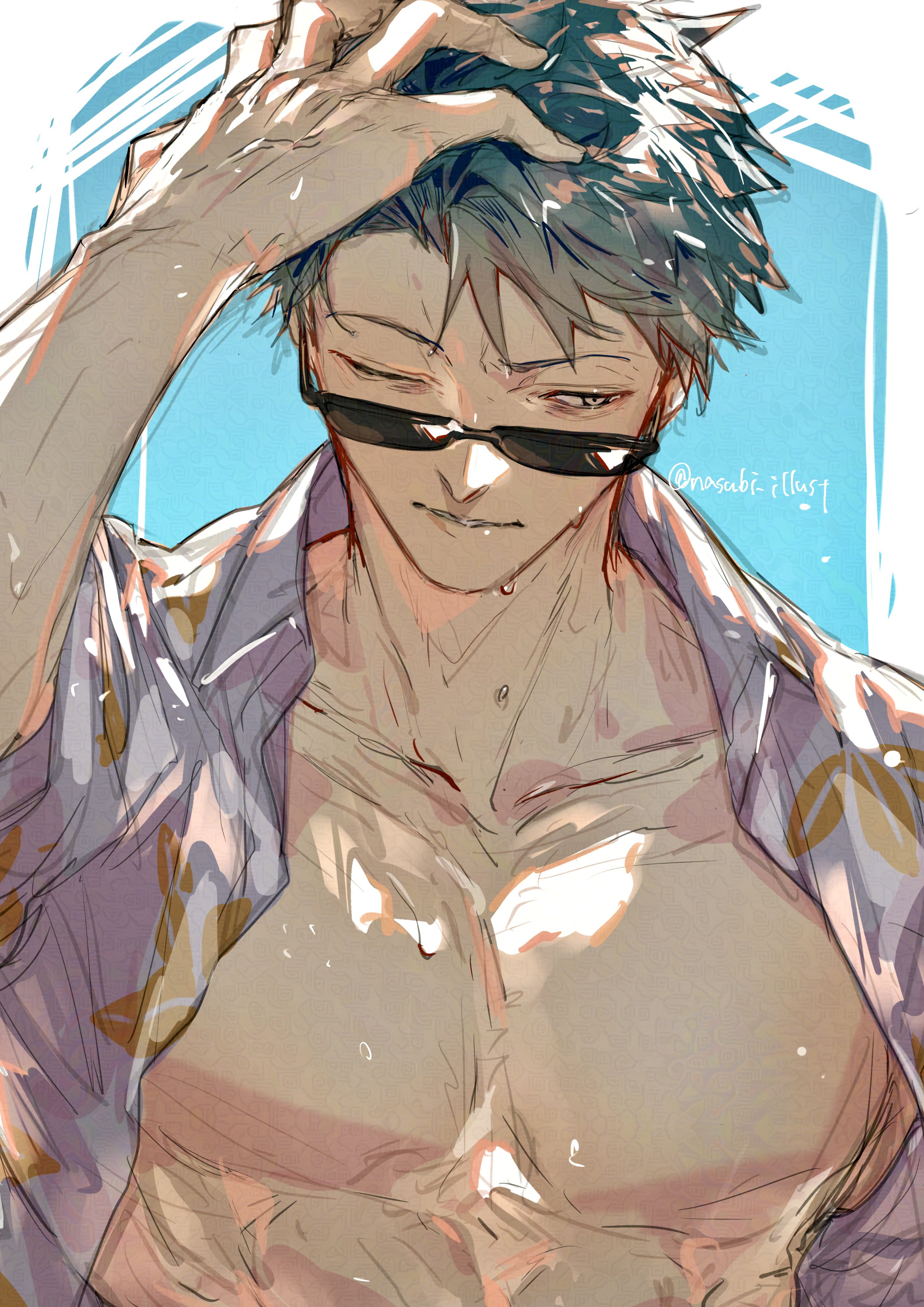 nasubi illust, saitou hajime (fate), saitou hajime (the grinning man of the beach) (fate), fate/grand order, fate (series), absurdres, highres, 1boy, adjusting hair, hand in own hair, hawaiian shirt, male focus, one eye closed, pectorals, shirt, simple background, solo, sunglasses, sweat, toned, toned male, upper body