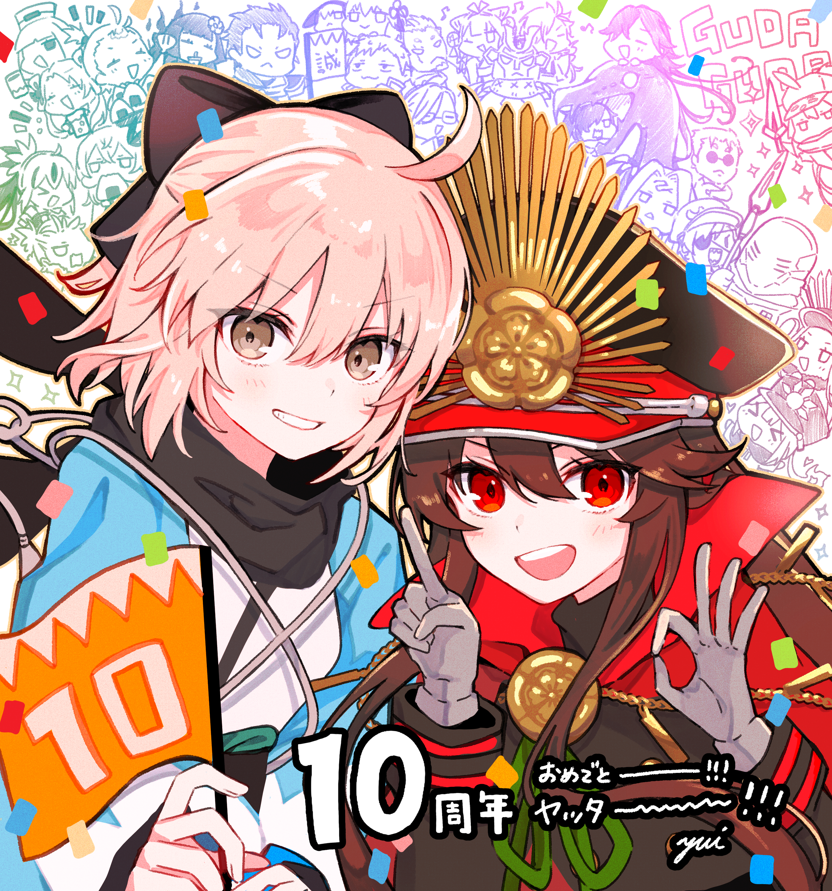 yui (tamagohan), oda nobunaga (fate), okita souji (fate), fate/grand order, fate (series), absurdres, highres, 2girls, black scarf, blush, breasts, cape, haori, hat, japanese clothes, long hair, long sleeves, looking at viewer, multiple girls, open mouth, peaked cap, red cape, scarf, short hair, smile