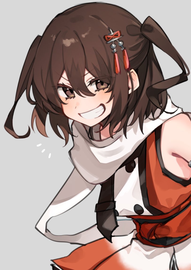 tsumikitsuki (katsuobushi), sendai (kancolle), sendai kai ni (kancolle), kantai collection, 1girl, black neckerchief, brown eyes, brown hair, grey background, grin, hair ornament, looking at viewer, neckerchief, orange shirt, sailor collar, sailor shirt, scarf, school uniform, serafuku, shirt, simple background, smile, solo, two side up, upper body, white sailor collar, white scarf