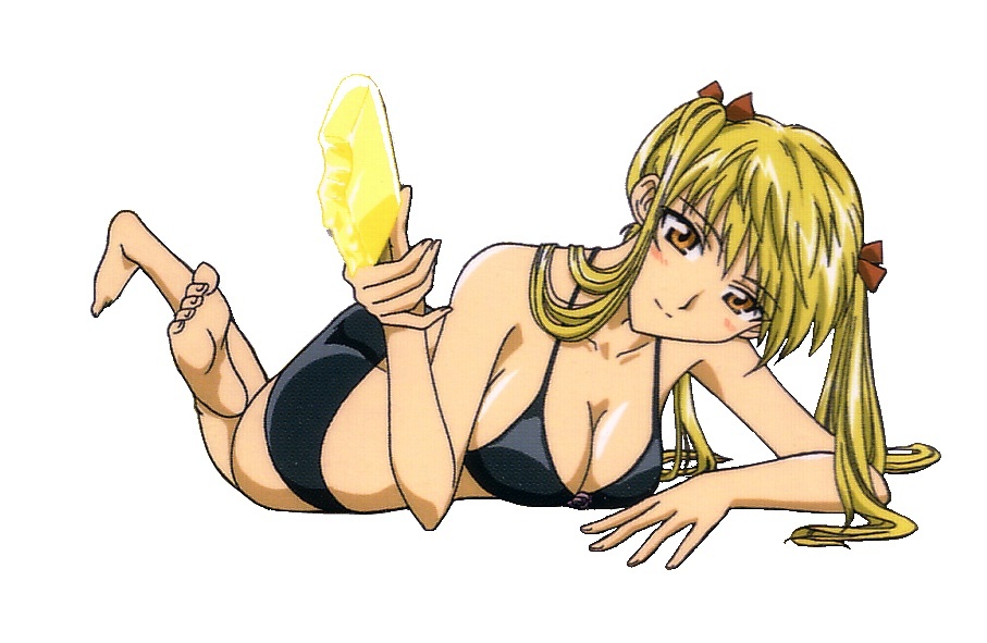 sawachika eri, school rumble, third-party edit, 00s, 1girl, bikini, black bikini, blonde hair, blush, breasts, brown eyes, cleavage, female focus, food, large breasts, long hair, looking at viewer, lying, on stomach, popsicle, simple background, solo, swimsuit, twintails, white background, yellow eyes