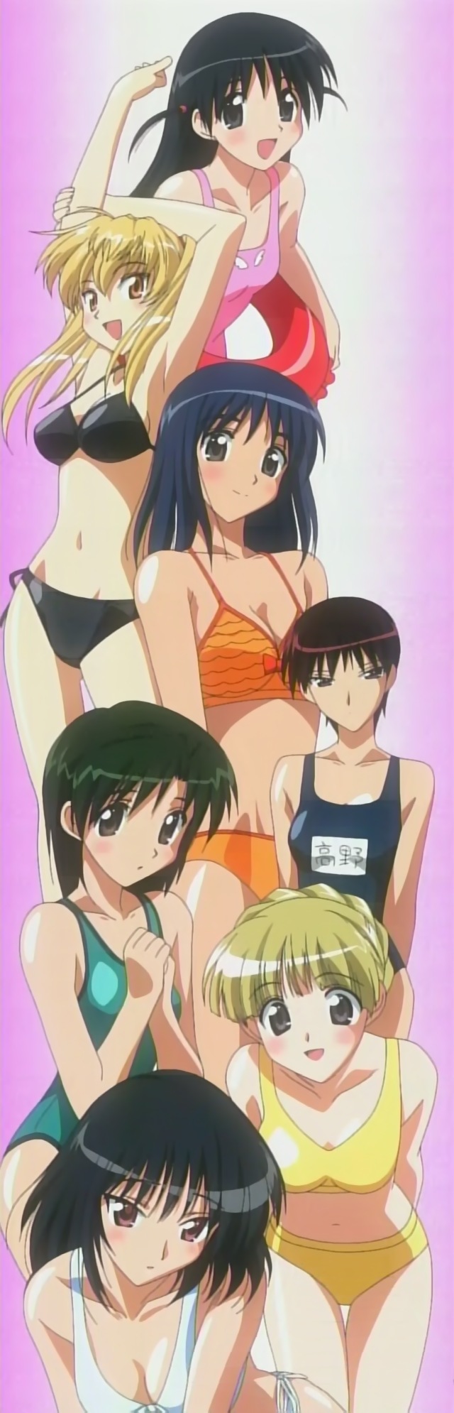 ichijou karen, sarah adiemus, sawachika eri, suou mikoto (school rumble), takano akira, tsukamoto tenma, tsukamoto yakumo, school rumble, anime screenshot, highres, long image, stitched, tall image, third-party edit, 00s, 6+girls, armpits, arms up, bent over, bikini, black hair, blonde hair, blue hair, blush, breasts, brown eyes, cleavage, embarrassed, everyone, flat chest, grey eyes, hair bun, innertube, leaning forward, long hair, multiple girls, name tag, navel, one-piece swimsuit, orange eyes, purple eyes, school swimsuit, short hair, short twintails, side-tie bikini bottom, single hair bun, smile, sports bikini, stretching, swim ring, swimsuit, thigh gap, thighs, twintails