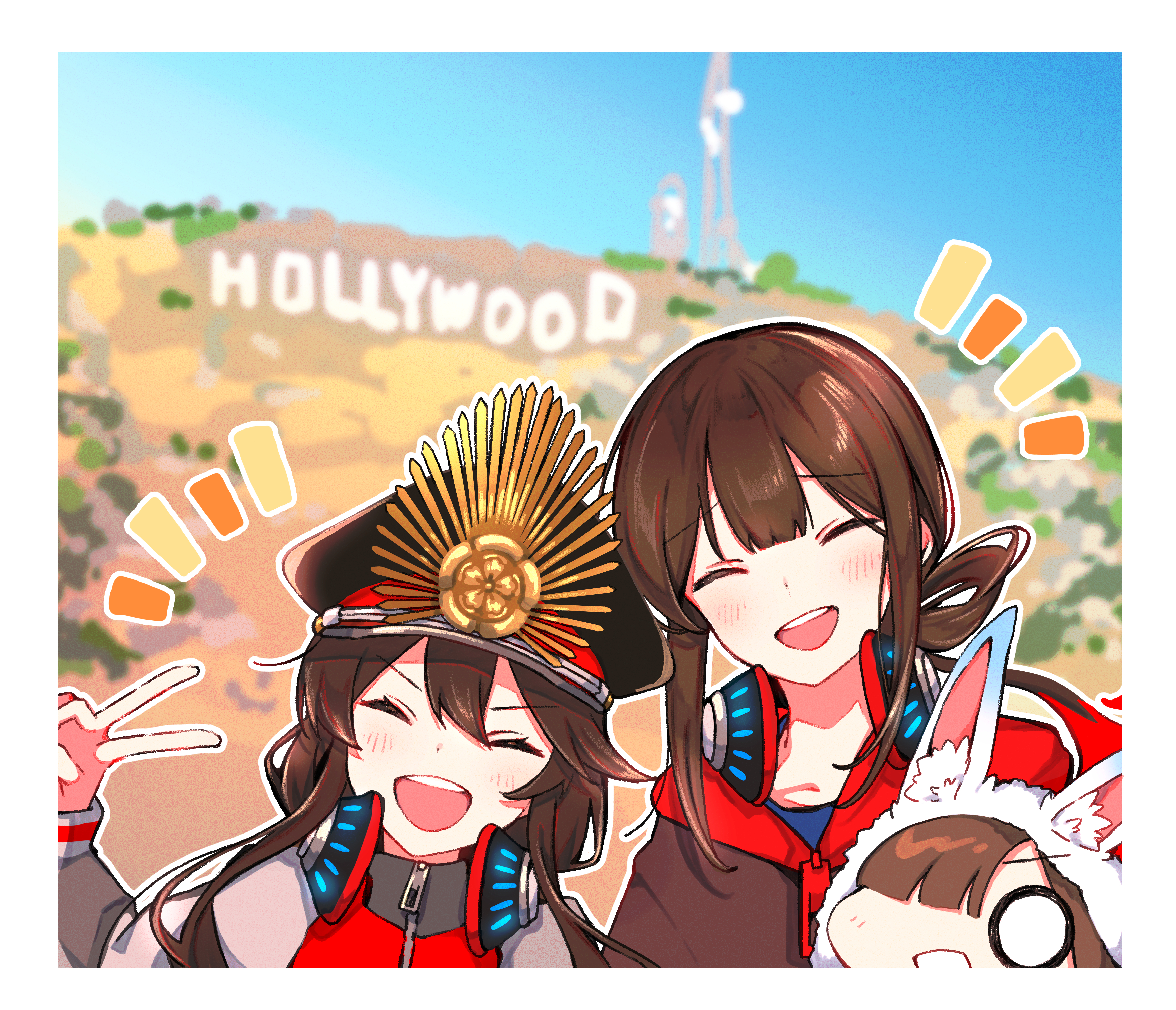 yui (tamagohan), mini nobu (fate), oda nobukatsu (fate), oda nobunaga (fate), oda nobunaga (swimsuit berserker) (fate), fate/grand order, fate (series), absurdres, highres, 1boy, 2girls, blush, brother and sister, chibi, closed eyes, long hair, long sleeves, looking at viewer, multiple girls, open mouth, siblings, smile