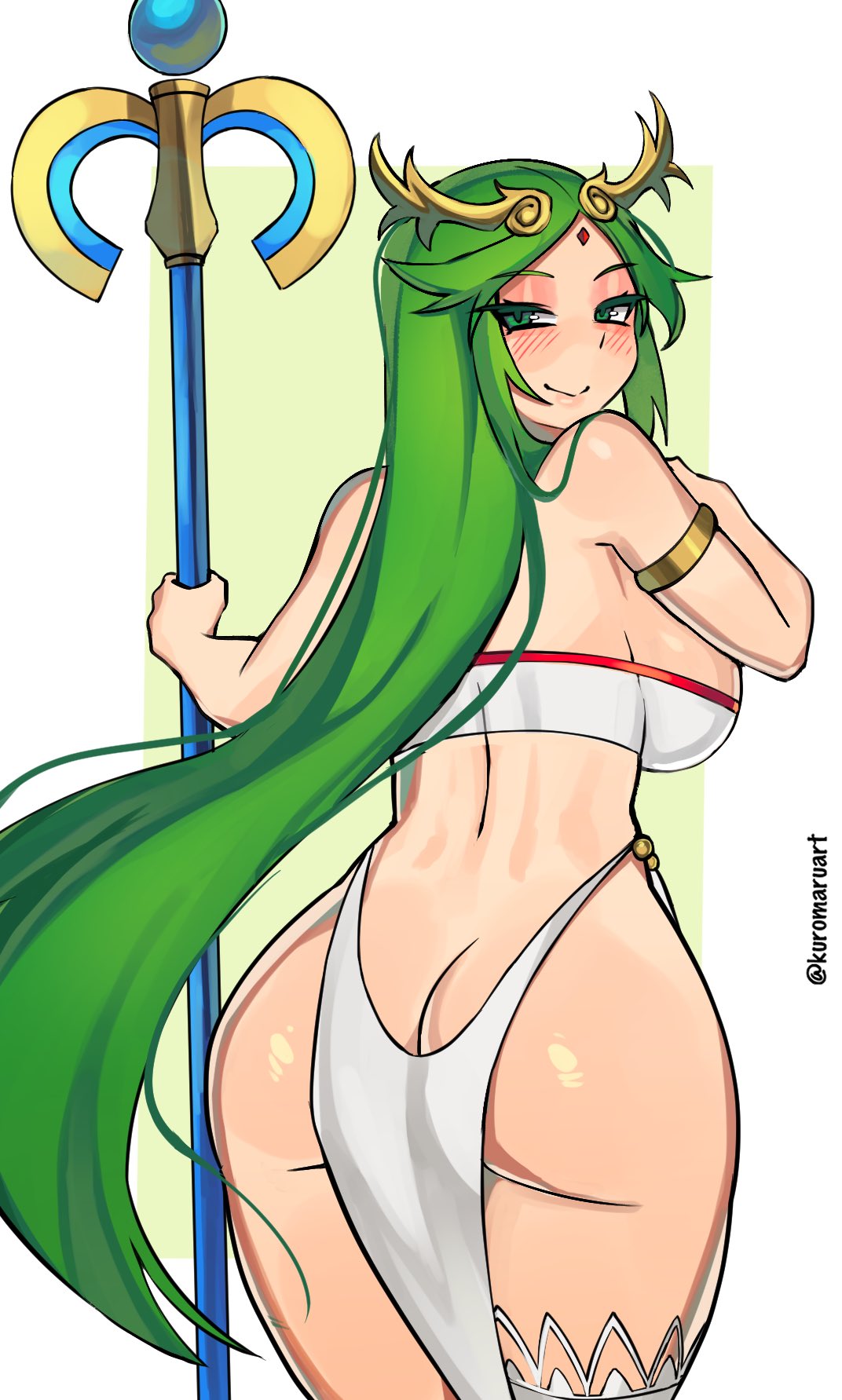 kuromaruart, palutena, kid icarus, nintendo, 1girl, artist name, ass, back, backboob, bare hips, blush, breasts, butt crack, cowboy shot, dot nose, eyelashes, female focus, from behind, green background, green eyes, green hair, hand on own chest, hand up, holding, holding staff, huge ass, large breasts, long hair, looking at viewer, looking back, matching hair/eyes, pelvic curtain, red tube top, single thighhigh, skirt, smile, solo, staff, standing, thighhighs, tube top, two-tone background, two-tone tube top, white background, white skirt, white thighhighs, white tube top, wide hips