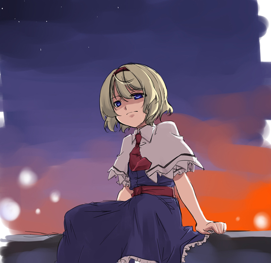 sakuraba yuuki, alice margatroid, touhou, 1girl, blonde hair, blue eyes, female focus, outdoors, short hair, sky, solo