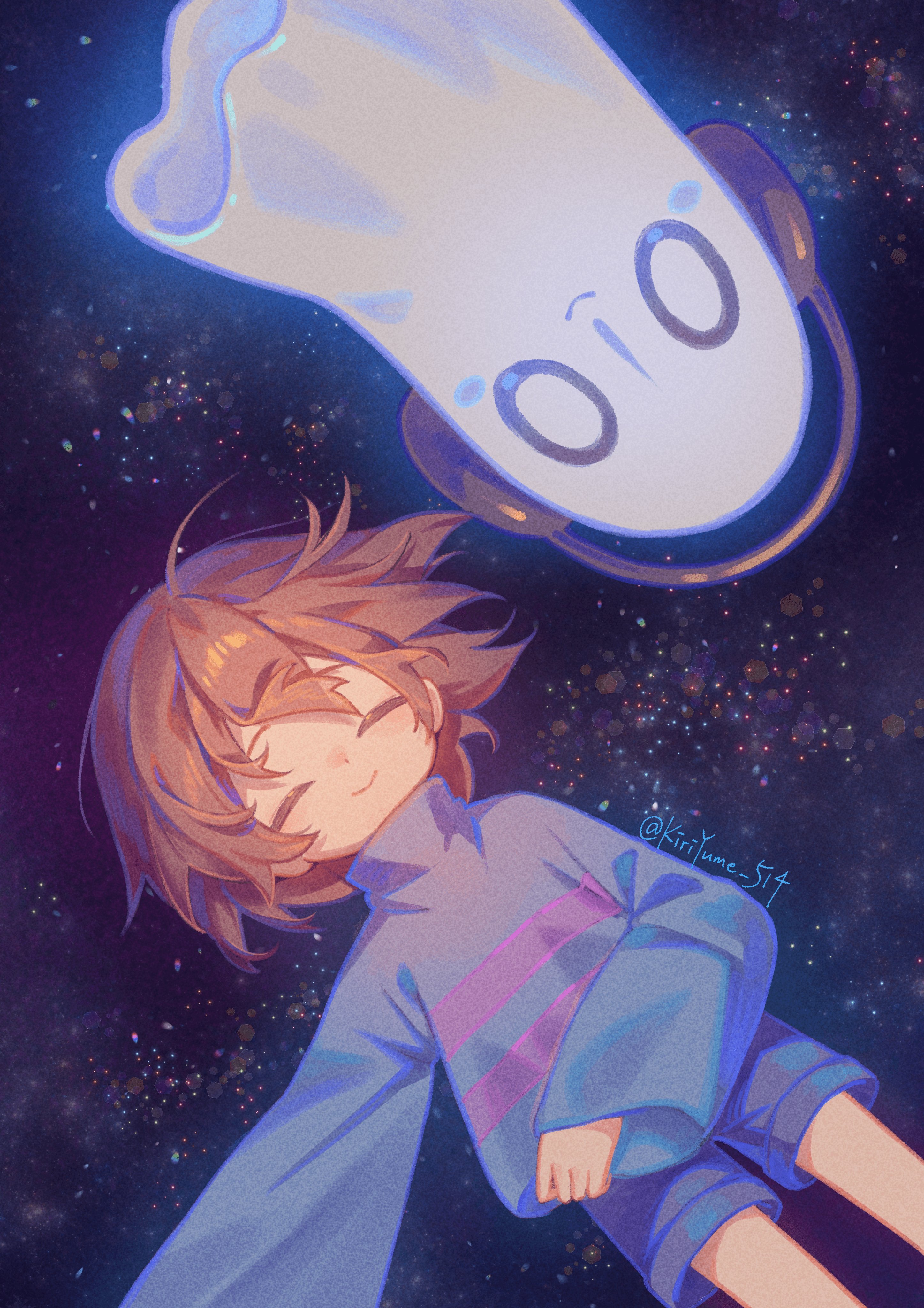 kiriyume, frisk (undertale), napstablook, undertale, utdr (toby fox), absurdres, highres, 0 0, 1other, ahoge, androgynous, blue shorts, blue sweater, brown hair, closed eyes, closed mouth, ghost, headphones, lying, on back, short hair, shorts, sleeves past wrists, smile, striped clothes, striped sweater, sweater, two-tone sweater