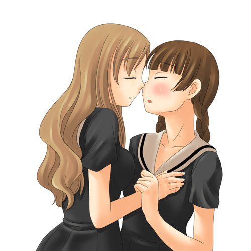 toshifumi, shimazu yoshino, toudou shimako, maria-sama ga miteru, lowres, 00s, 2girls, blonde hair, blush, braid, breasts, brown hair, closed eyes, face-to-face, female focus, grabbing another's breast, groping, holding another's wrist, holding hands, imminent kiss, kiss, long hair, multiple girls, school uniform, serafuku, twin braids, yuri