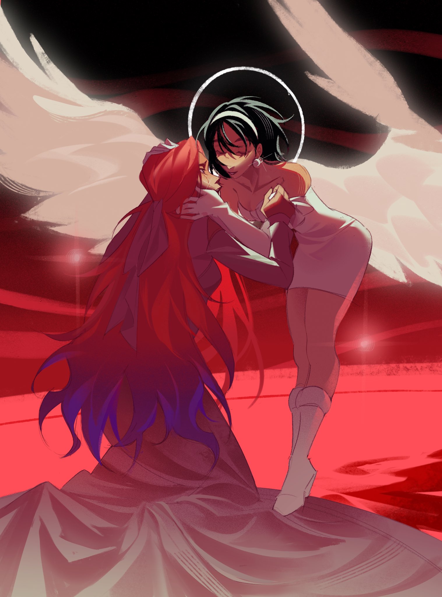 mizi (alien stage), sua (alien stage), alien stage, commentary, hashtag-only commentary, highres, 2girls, bare shoulders, black hair, boots, closed eyes, colored tips, crying, dress, earrings, elbow gloves, glaxierr, gloves, hair ribbon, hairband, half updo, halo, halo behind head, hand on another's face, hand on another's head, jewelry, long hair, multicolored hair, multiple girls, pearl earrings, pink hair, purple hair, ribbon, short hair, strapless, strapless dress, tears, two-tone hair, very long hair, white boots, white dress, white gloves, white hairband, white wings, wings, yuri