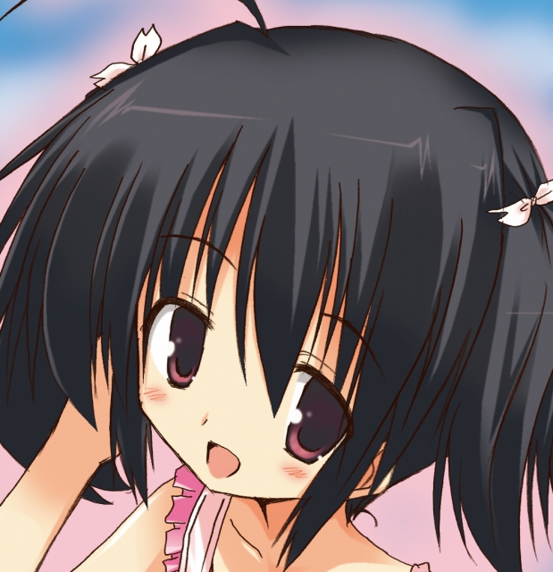 akane souichi, yuzuhara konomi, to heart (series), to heart 2, 00s, 1girl, adjusting hair, ahoge, black hair, blush, close-up, female focus, hair ribbon, pink eyes, ribbon, short hair, short twintails, solo, twintails