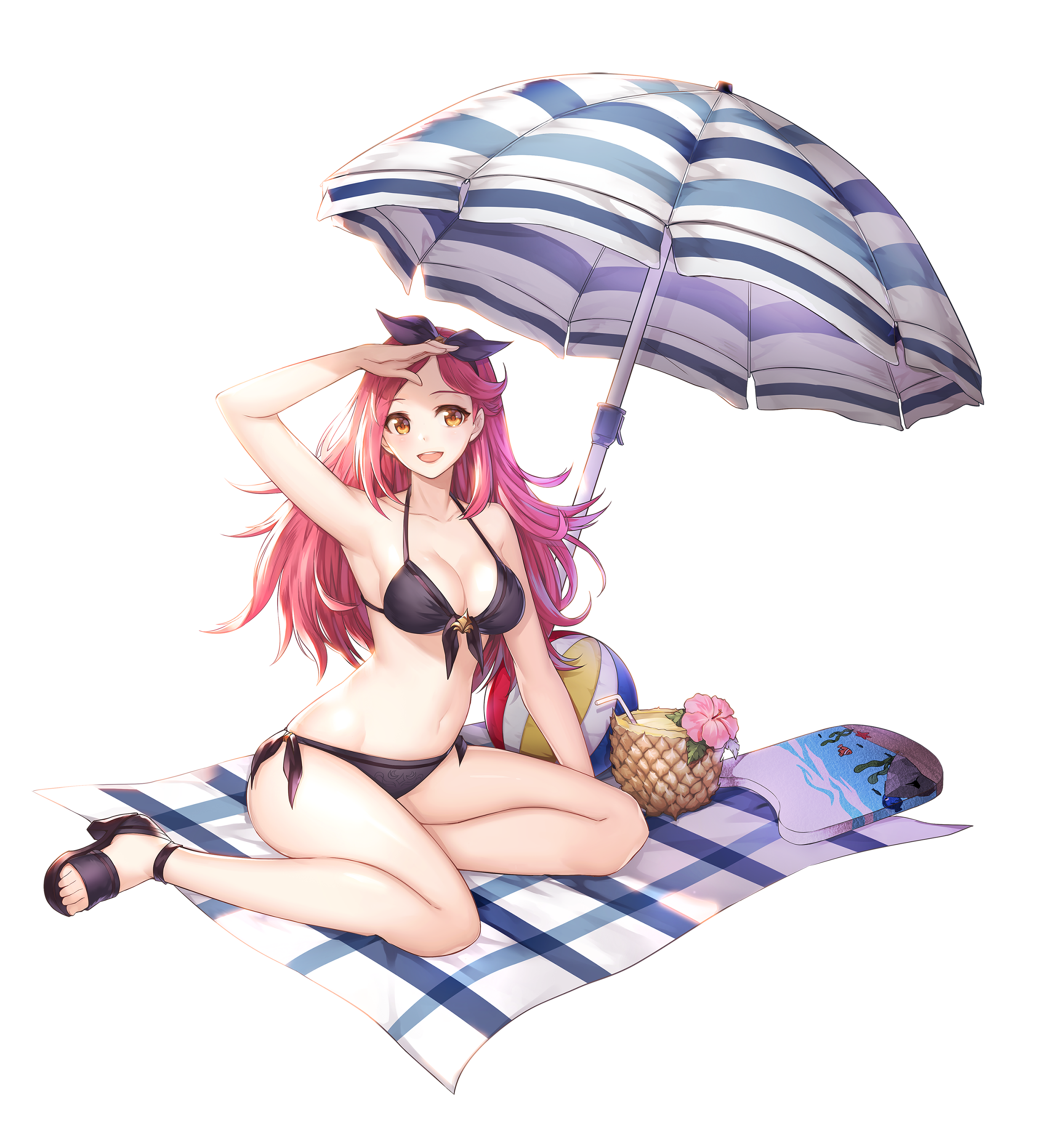 juno (king's raid), king's raid, absurdres, artist request, commentary, commentary request, english commentary, highres, korean commentary, mixed-language commentary, official art, second-party source, 1girl, arm up, ball, beach towel, beach umbrella, beachball, bikini, black bikini, black ribbon, black shoes, brown eyes, drinking straw, flower, food, fruit, full body, hair ribbon, high heel sandals, juice, kickboard, long sleeves, official alternate costume, pineapple, pink flower, pink hair, ribbon, sandals, shoes, side-tie bikini bottom, simple background, sitting, smile, solo, swimsuit, towel, umbrella, white background, yokozuwari