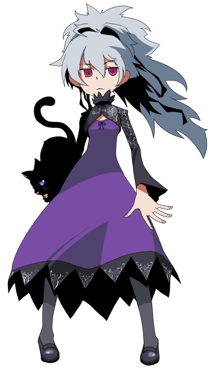 oso (toolate), mao (darker than black), yin (darker than black), darker than black, 00s, 1girl, bell, black cat, cat, dress, female focus, full body, grey hair, hair ribbon, long hair, long sleeves, maroon eyes, pantyhose, ponytail, purple dress, purple eyes, red eyes, ribbon, simple background, solo, standing, white background, wind