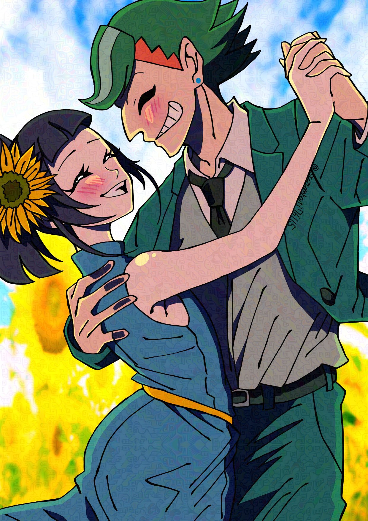 aokaze nana, kimi to idol precure, precure, facing back, highres, 1boy, 1girl, armpits, artist name, bare arms, belt, blue dress, blue hair, blue sky, blunt bangs, blush, cloud, cloudy sky, couple, dancing, dress, earrings, eyelashes, field, floral background, flower, flower field, gradient hair, green hair, green jacket, hair flower, hair ornament, hand on another's back, high ponytail, holding hands, jacket, jewelry, laughing, long hair, long sleeves, mature male, multicolored hair, necktie, open clothes, open jacket, open mouth, orange hair, parted bangs, ponytail, sideways, sideways face, sky, sleeveless, sleeveless dress, smile, summer, sunflower, sunflower field, sunflower hair ornament, suzumbati76115, teeth, thick eyelashes, twitter username, upper body, zakkuri (precure)