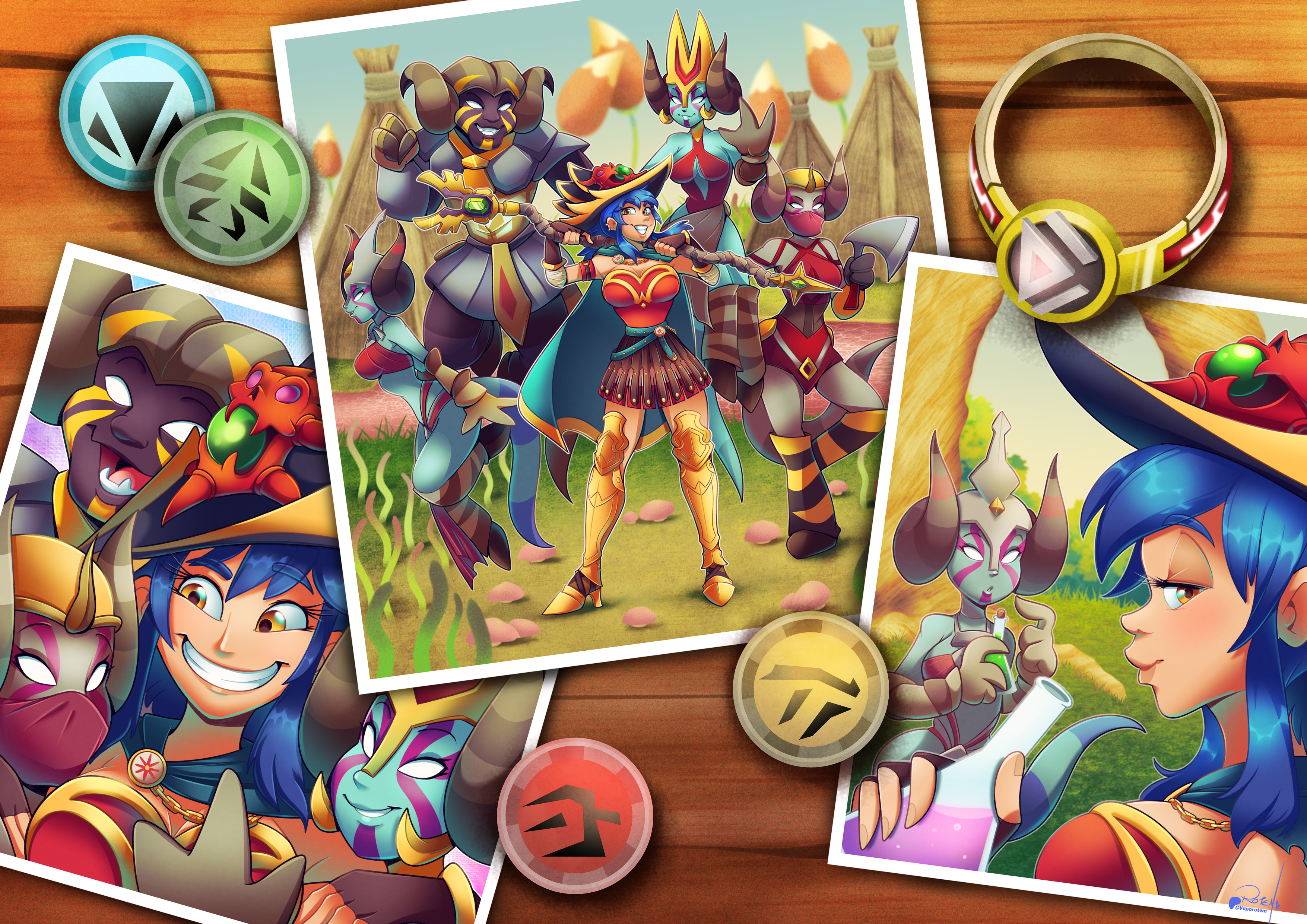 vaporotem, dang (runescape), original, runescape, absurdres, commentary, commission, english commentary, highres, 1boy, 4girls, armor, armored boots, axe, belt, bikini, black skin, blue hair, blue skin, boots, breasts, cape, charm (object), claws, colored skin, curled horns, duellist's cap (tier 6), facepaint, fingerless gloves, floating, full body, gladiator, gloves, glowing hat, grass, greaves, green belt, green cape, grey skin, group picture, hands on another's shoulders, hat, holding, holding axe, horns, jewelry, leotard, long hair, looking at viewer, medium breasts, monster boy, monster girl, multiple girls, mushroom, photo (object), poleyn, potion, red bikini, red leotard, red water, ring, smile, spiked ear piercing, staff of armadyl (runescape), standing, swimsuit, table, teepee, thick eyebrows, throwing weapon, tree, waving, weapon, wooden table, yellow eyes