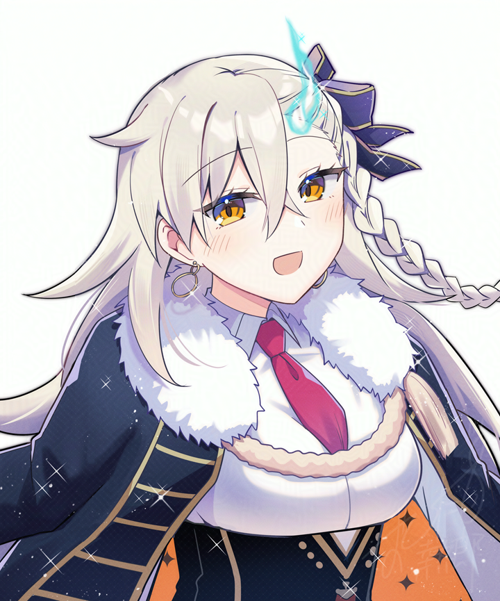 ohitashi netsurou, olga marie animusphere, olga marie animusphere (unbeast), fate/grand order, fate (series), commentary request, 1girl, black bow, black jacket, blush, bow, braid, collared shirt, crossed bangs, earrings, fur-trimmed jacket, fur trim, grey hair, hair between eyes, hair bow, jacket, jacket on shoulders, jewelry, long hair, necktie, open mouth, red necktie, shirt, simple background, smile, solo, white background, white shirt, yellow eyes