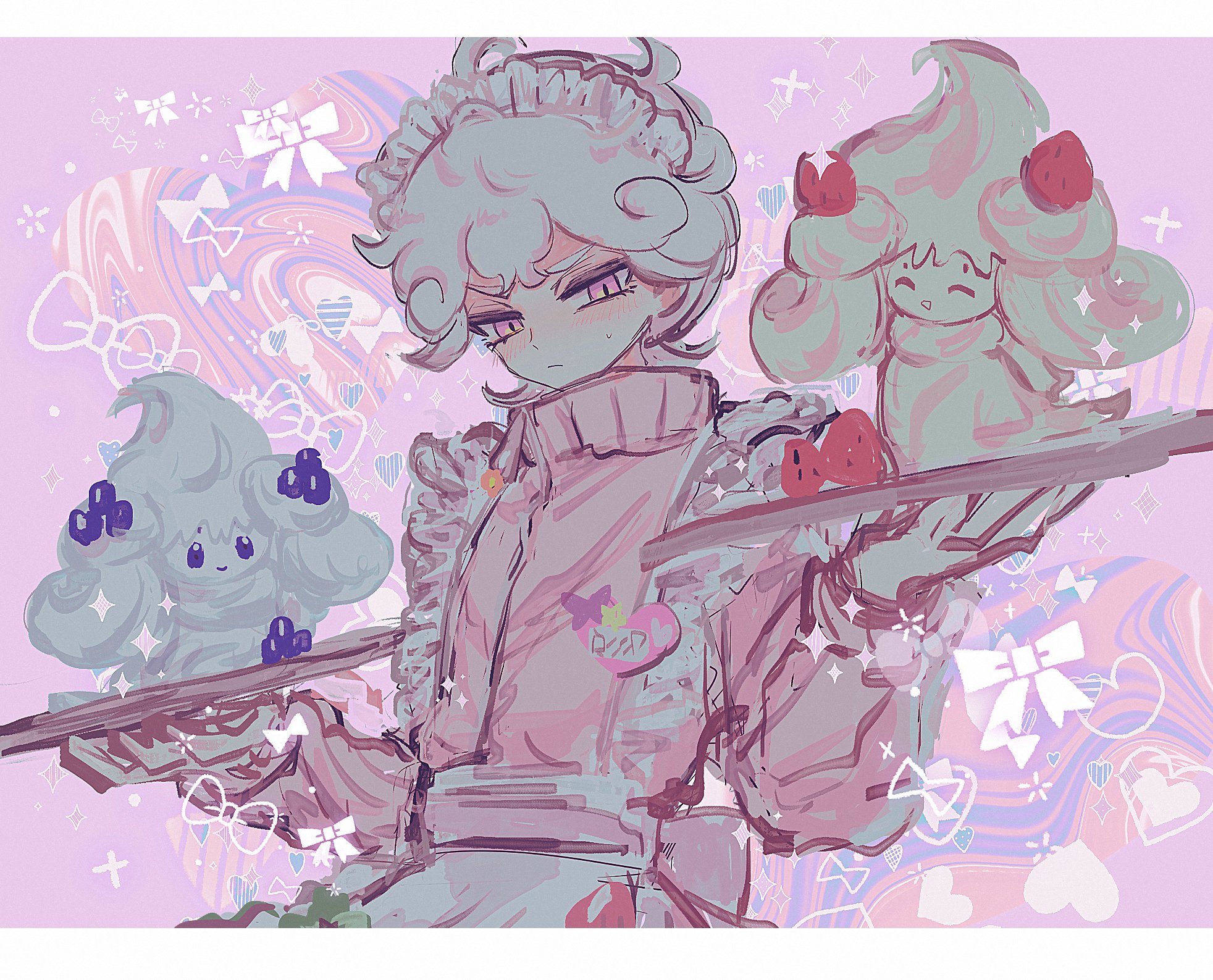 horimhkw11, alcremie, alcremie (berry sweet), alcremie (strawberry sweet), bede (pokemon), nintendo, pokemon, pokemon swsh, commentary, commentary request, highres, 1boy, :/, ^ ^, alternate costume, apron, bow, closed eyes, closed mouth, double-parted bangs, enmaided, food-themed hair ornament, fruit hair ornament, gen 8 pokemon, hair between eyes, hair ornament, holding, holding plate, letterboxed, long sleeves, maid, maid apron, maid headdress, male focus, open mouth, pink background, pink eyes, plate, pokemon (creature), purple eyes, short hair, smile, solo, sparkle, tray, upper body, white apron, white hair