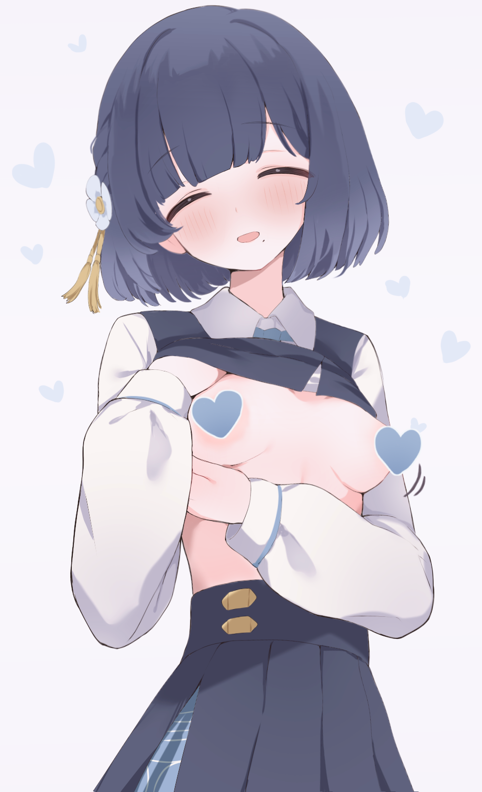 hone kawa, hataya misuzu, gakuen idolmaster, idolmaster, highres, 1girl, breasts, censored, closed eyes, hair ornament, heart, heart censor, medium breasts, mole, mole under mouth, open mouth, skirt, smile, solo