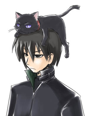 kugelschreiber, hei (darker than black), mao (darker than black), darker than black, lowres, 00s, 1boy, animal, black cat, black eyes, black hair, black jacket, cat, collar, earrings, head perch, jacket, jewelry, male focus, purple eyes, simple background, solo, white background
