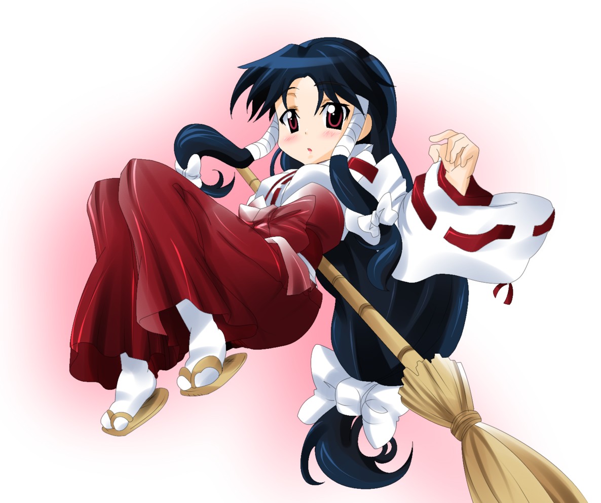 machi (nagasarete airantou), nagasarete airantou, 00s, 1girl, black hair, broom, female focus, hair ribbon, hakama, hakama skirt, japanese clothes, long hair, miko, red eyes, red hakama, ribbon, skirt, solo, very long hair