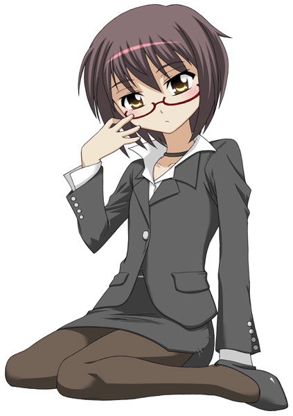 miyakodori takayuki, nagato yuki, suzumiya haruhi no yuuutsu, silver hair, 00s, 1girl, choker, female focus, formal clothes, glasses, pantyhose, pencil skirt, short hair, skirt, skirt suit, solo, suit, yellow eyes