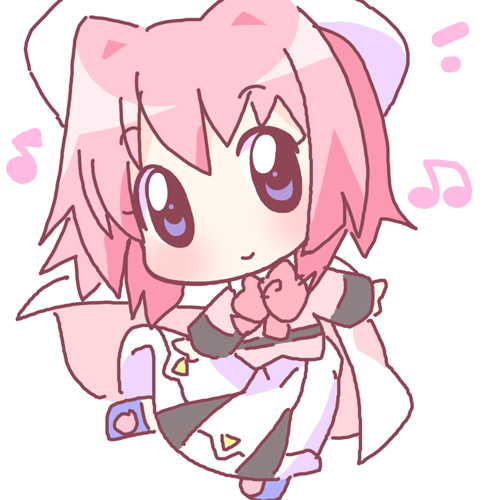 mirai (sugar), caro ru lushe, lyrical nanoha, mahou shoujo lyrical nanoha, mahou shoujo lyrical nanoha strikers, lowres, 00s, 1girl, blue eyes, bow, cape, chibi, coat, female focus, hat, magical girl, musical note, pink bow, pink hair, quaver, short hair, simple background, solo, white background