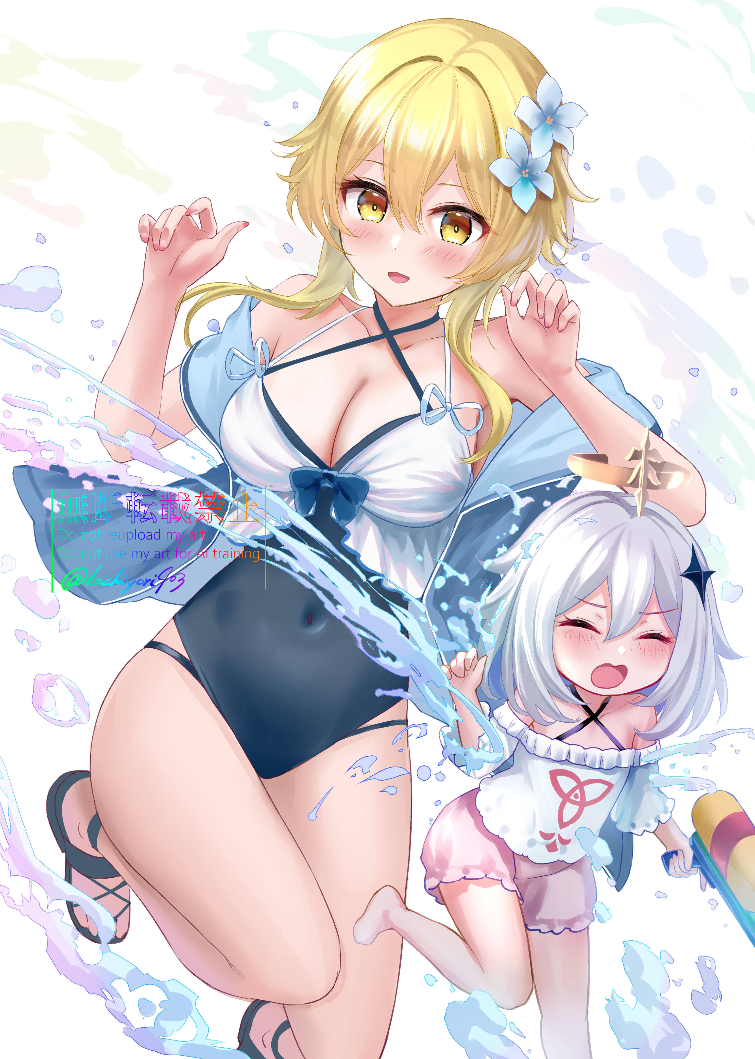 kachayori, lumine (genshin impact), paimon (genshin impact), genshin impact, absurdres, highres, 2girls, alternate costume, bare shoulders, black one-piece swimsuit, blonde hair, blush, breasts, cleavage, closed eyes, feather hair ornament, feathers, flower, hair flower, hair ornament, large breasts, looking at viewer, medium hair, multiple girls, one-piece swimsuit, open mouth, sandals, sidelocks, smile, swimsuit, thighs, two-tone one-piece swimsuit, white hair, white one-piece swimsuit, yellow eyes