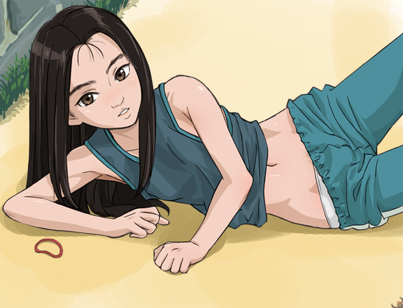 haruyama kazunori, armpits, black hair, brown eyes, hip focus, long hair, lowleg, lowleg panties, lying, midriff, panties, pantyshot, tank top, underwear