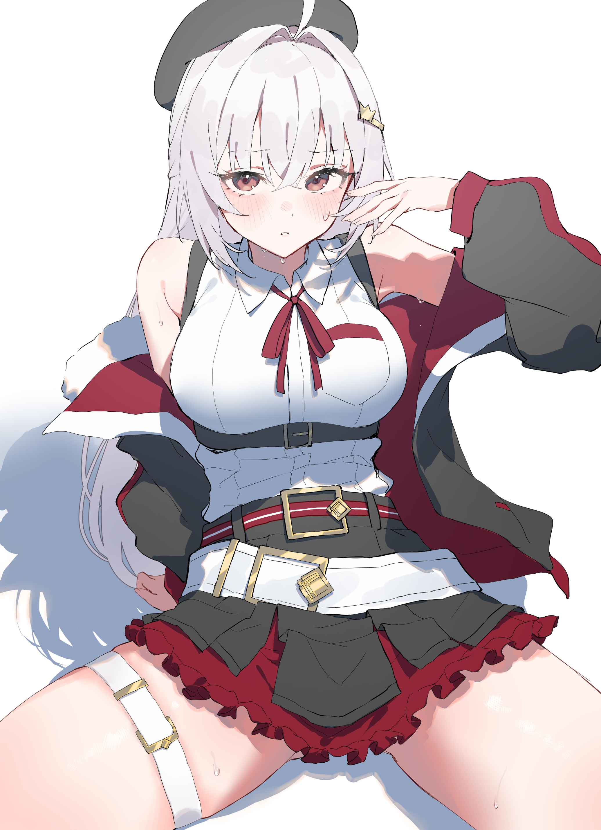irene paltrow, original, absurdres, artist request, commission, highres, second-party source, 1girl, ahoge, armpits, bare shoulders, belt, beret, black hat, black jacket, black skirt, breast pocket, breasts, chest harness, collared shirt, frilled skirt, frills, hand up, harness, hat, jacket, large breasts, long hair, looking at viewer, neck ribbon, off shoulder, parted lips, pocket, red eyes, ribbon, shirt, shirt tucked in, simple background, sitting, skirt, sleeveless, sleeveless shirt, solo, spread legs, sweat, thigh belt, thigh strap, very long hair, white background, white hair, white shirt