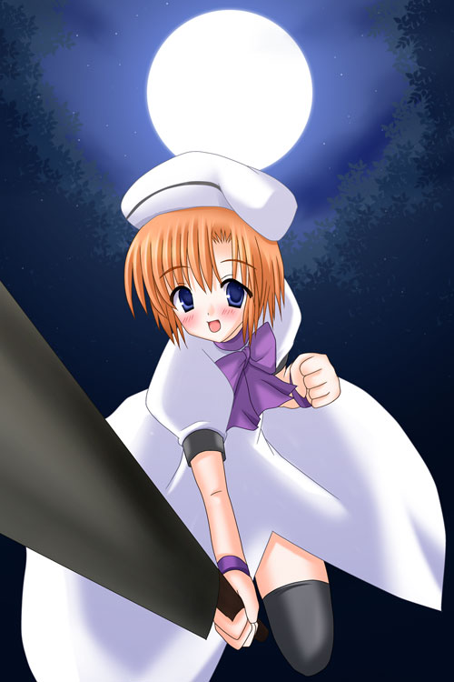 cross (crossryou), ryuuguu rena, higurashi no naku koro ni, tagme, 00s, 1girl, black thighhighs, dress, female focus, hat, moon, outdoors, plant, sky, solo, thighhighs, weapon