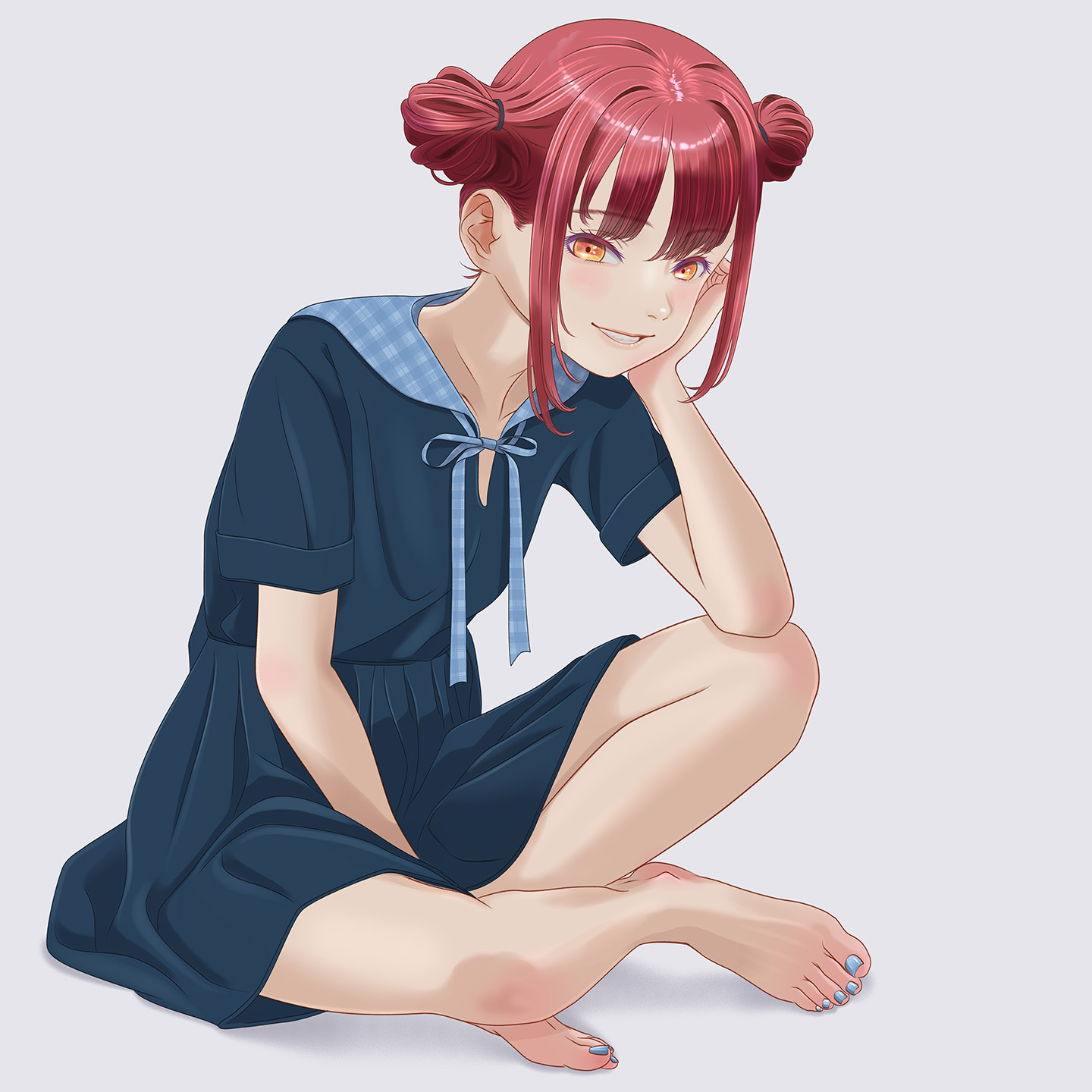 toyoki, highres, 1girl, barefoot, blush, double bun, feet, grin, hair bun, long hair, looking at viewer, red hair, smile, toes, yellow eyes