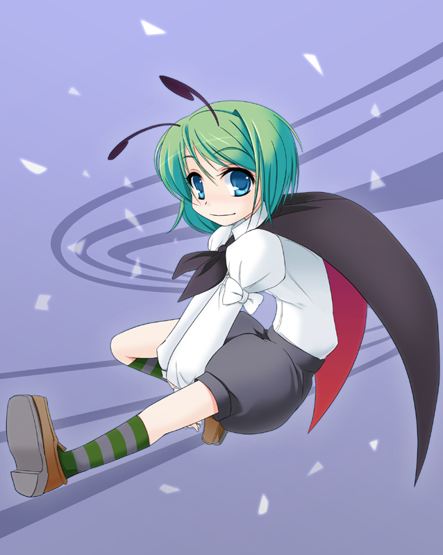 wapokichi, wriggle nightbug, touhou, 1girl, antennae, blue eyes, brown shoes, cape, female focus, green hair, shoes, socks, solo, striped clothes, striped socks