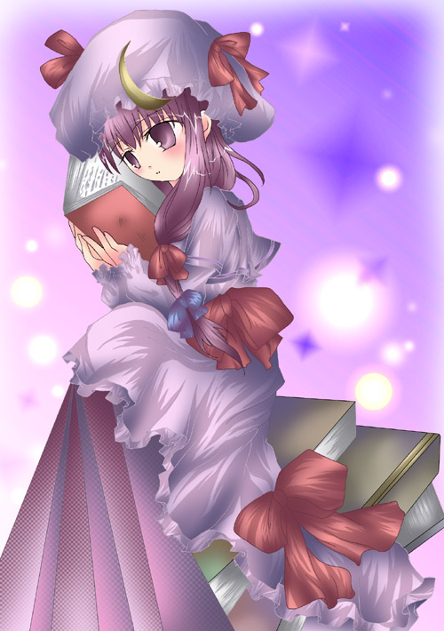 patchouli knowledge, touhou, 1girl, book, female focus, gradient background, hat, long hair, purple eyes, purple hair, solo