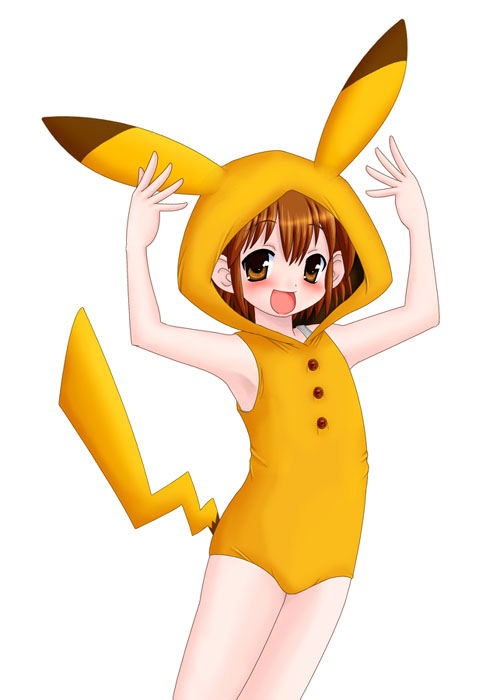 aoi kanan, poke kid (pokemon), nintendo, pokemon, 1girl, blush, brown eyes, brown hair, cosplay, female focus, npc trainer, pikachu (cosplay), simple background, solo, tail, white background