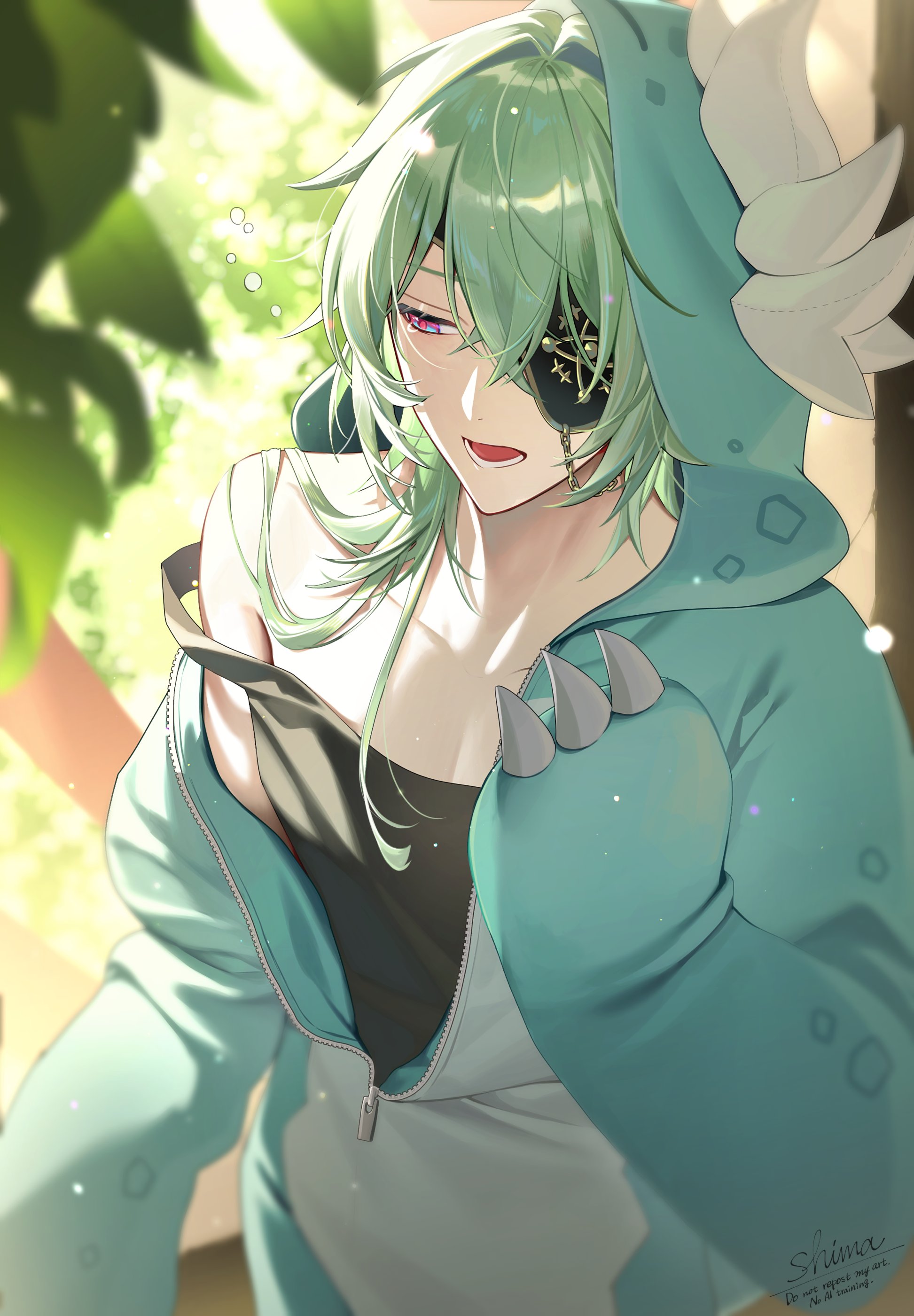 noes, anaxa (honkai: star rail), honkai: star rail, honkai (series), absurdres, highres, 1boy, alternate costume, aqua hair, blue eyes, collarbone, crossed bangs, eyepatch, hair between eyes, hair over shoulder, half-closed eyes, hand up, hood, hood up, lower teeth only, male focus, medium hair, multicolored eyes, one eye covered, open mouth, pink eyes, pink pupils, single bare shoulder, solo, teeth, two-tone eyes, upper body