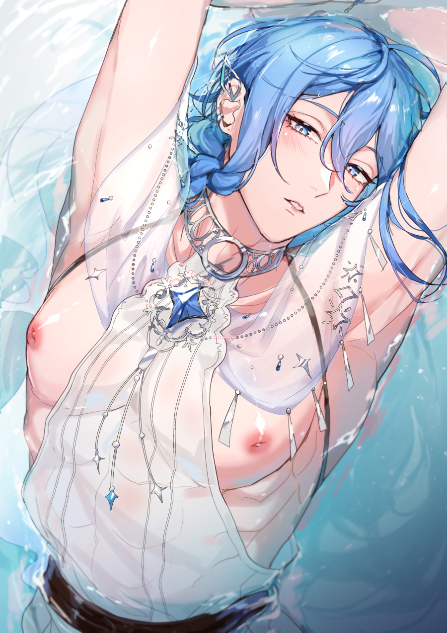 edmond (nu carnival), nu carnival, commentary, commentary request, highres, 1boy, androgynous, armpit crease, arms up, bare pectorals, belt, black belt, blue eyes, blue hair, blush, choker, cowboy shot, deertea7135, double-parted bangs, ear piercing, earrings, eyelashes, hair between eyes, jewelry, looking to the side, male focus, nipples, o-ring, o-ring choker, official alternate costume, parted lips, pectorals, piercing, puffy nipples, ripples, see-through clothes, solo, teeth, water, wet, wet clothes, wet hair