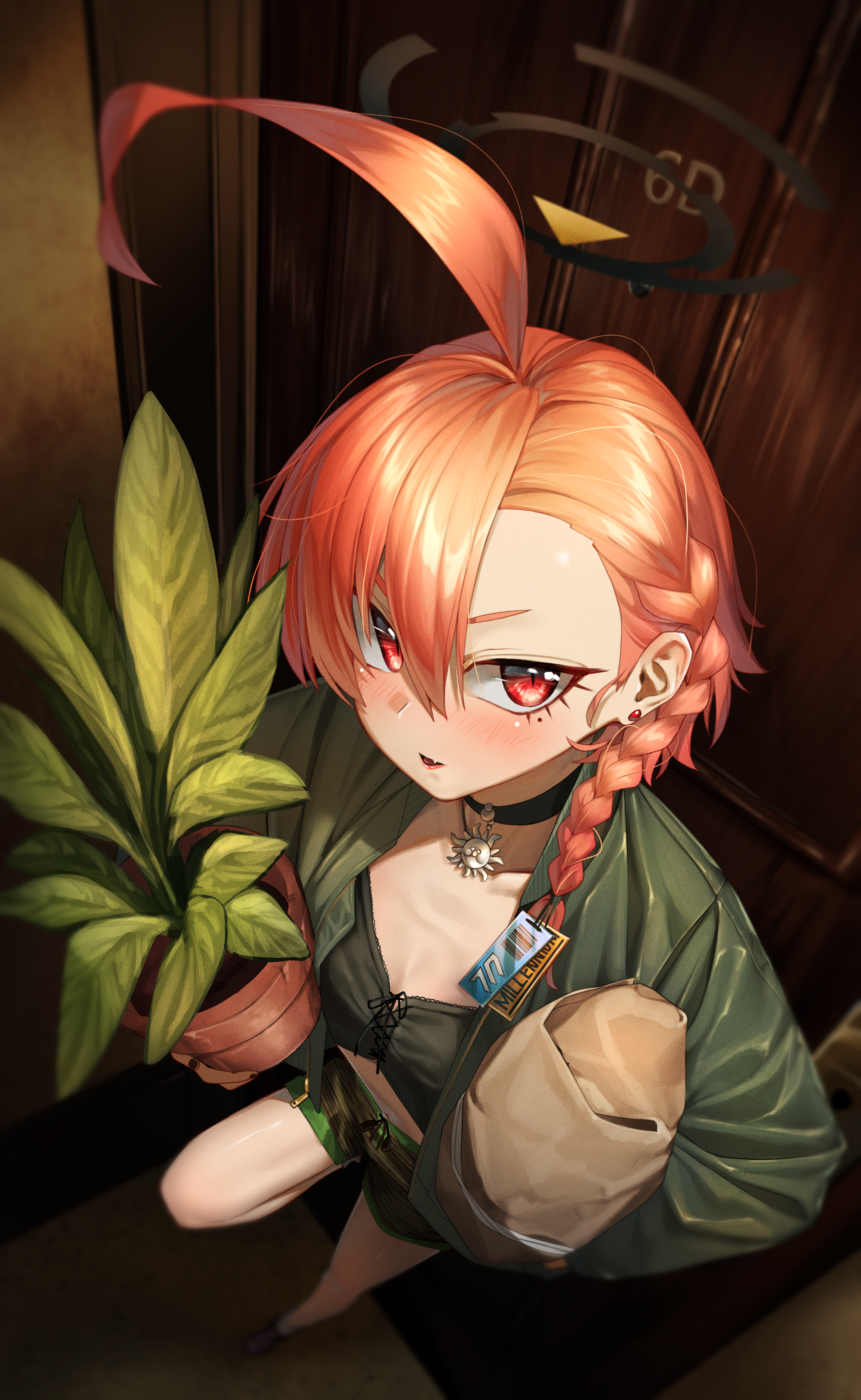 walking nakta, neru (blue archive), blue archive, leon the professional, absurdres, highres, 1girl, ahoge, alternate costume, bag, bikini, bikini top only, black bikini, black shoes, black shorts, blush, braid, fang, flower pot, green jacket, hair between eyes, holding, holding bag, holding flower pot, huge ahoge, jacket, looking at viewer, open mouth, plant, potted plant, red eyes, red hair, shoes, short hair, short shorts, shorts, single braid, skin fang, solo, standing, standing on one leg, swimsuit