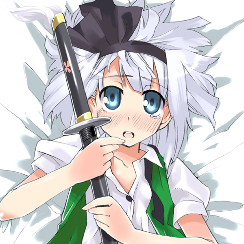 konpaku youmu, touhou, lowres, 1girl, blue eyes, blush, female focus, from above, hairband, katana, lying, pov, sheath, sheathed, short hair, solo, sword, tears, upper body, weapon, white hair
