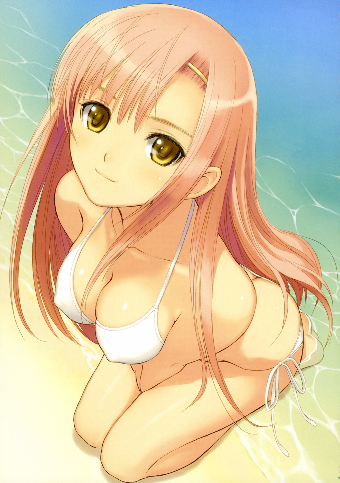 tony taka, katsura hinagiku, hayate no gotoku!, highres, non-web source, scan, 00s, 1girl, barefoot, beach, between thighs, bikini, blush, breasts, breasts squeezed together, butt crack, cleavage, covered erect nipples, female focus, hair ornament, hairclip, kneeling, leaning forward, long hair, outdoors, pink hair, seiza, sitting, smile, solo, swimsuit, thighs, water, white bikini, yellow eyes