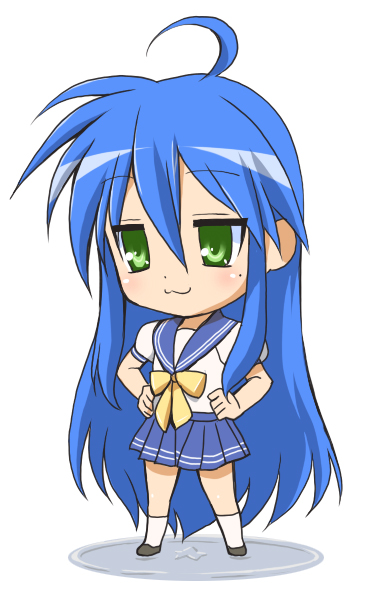 g-tetsu, izumi konata, lucky star, 00s, 1girl, :3, ahoge, blue hair, blush, bow, chibi, chibi only, female focus, green eyes, hands on own hips, kneehighs, long hair, mole, mole under eye, pleated skirt, school uniform, serafuku, simple background, skirt, socks, solo, very long hair, white socks