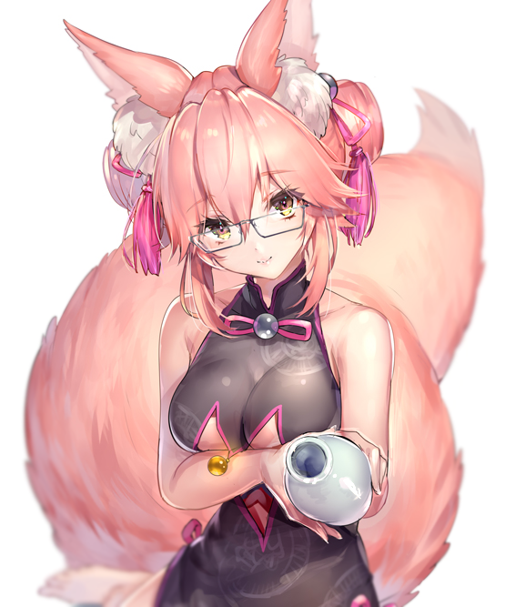 mogullaz, koyanskaya (chinese lostbelt outfit) (fate), koyanskaya (fate), tamamo (fate), fate/grand order, fate (series), 1girl, animal ear fluff, animal ears, bare shoulders, bell, black dress, bottle, breasts, center opening, china dress, chinese clothes, clothing cutout, cowboy shot, double-parted bangs, dress, facing viewer, fox ears, fox girl, fox tail, glasses, hair between eyes, hair bun, hair ribbon, heart cutout, holding, holding bottle, jingle bell, large breasts, light smile, long hair, long sidelocks, looking at viewer, mandarin collar, pink fur, pink hair, pink ribbon, pink tail, ribbon, sake bottle, sidelocks, simple background, solo, tail, tassel, underboob, underboob cutout, white-framed eyewear, white background, yellow eyes