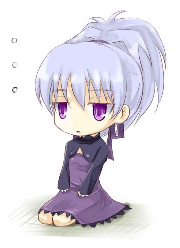 kuro (be ok), yin (darker than black), darker than black, silver hair, …, 00s, chibi, dress, hair ribbon, long hair, ponytail, purple eyes, ribbon, seiza, sitting