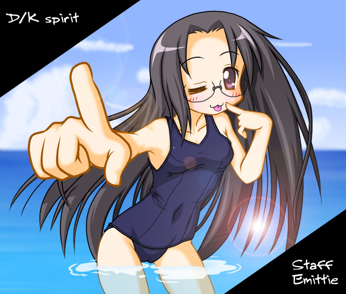 tamura hiyori, lucky star, 00s, cameltoe, glasses, one-piece swimsuit, school swimsuit, swimsuit