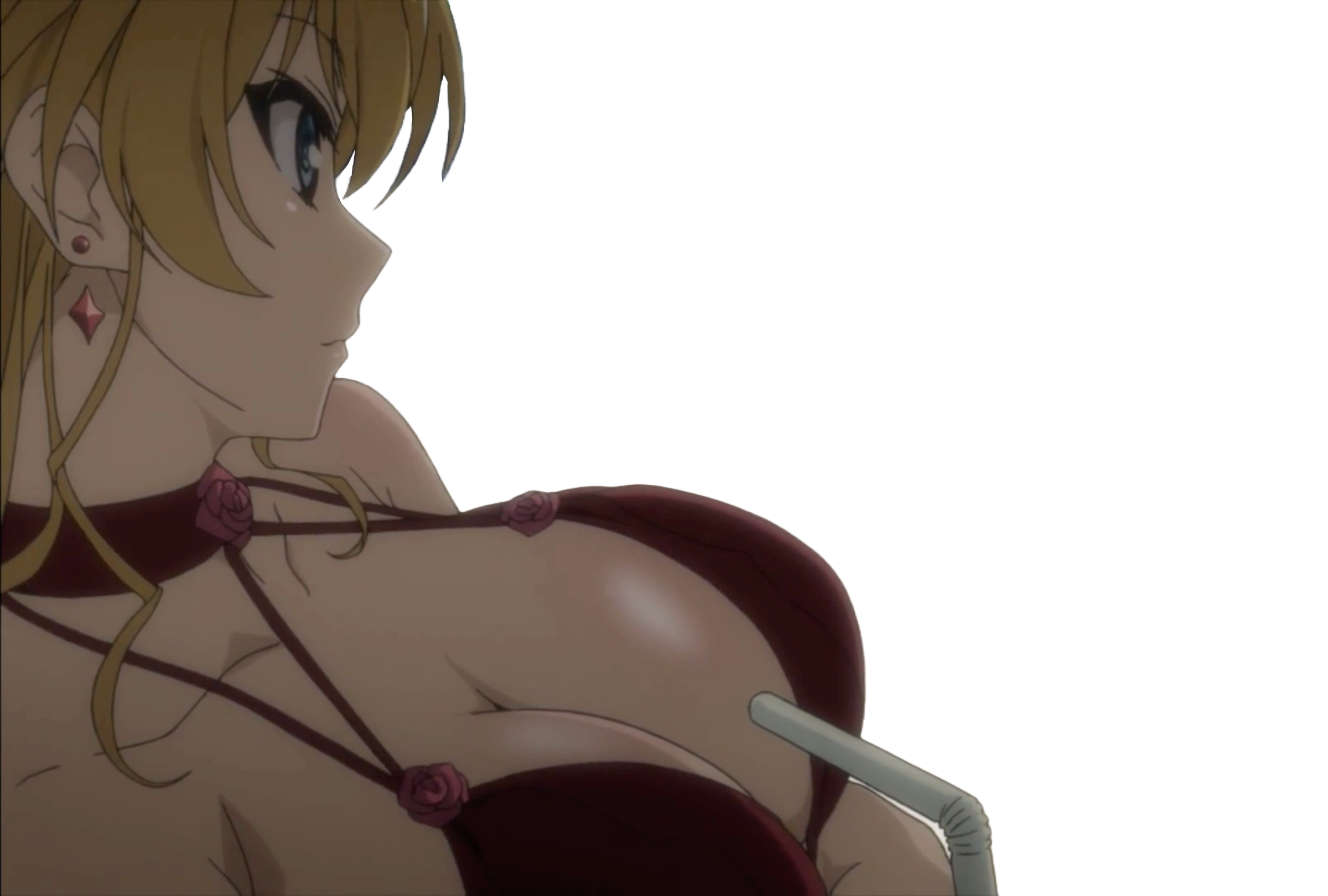 claire harvey, hundred (light novel), highres, 1girl, alternate hairstyle, bikini, blonde hair, blue eyes, breasts, cleavage, drinking straw, large breasts, lips, long hair, red bikini, smile, solo, swimsuit, very long hair